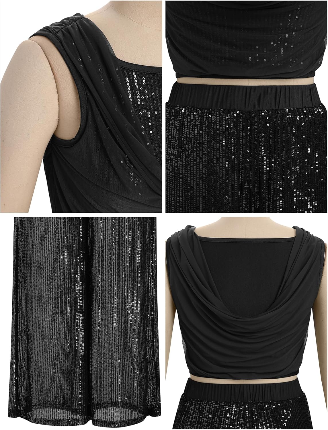 Lyrical Dance Dress Women Cowl Neck Shiny Sequins Crop Top Long Sheer Built-in Short Pant Contemporary Dance Outfits - Image 2