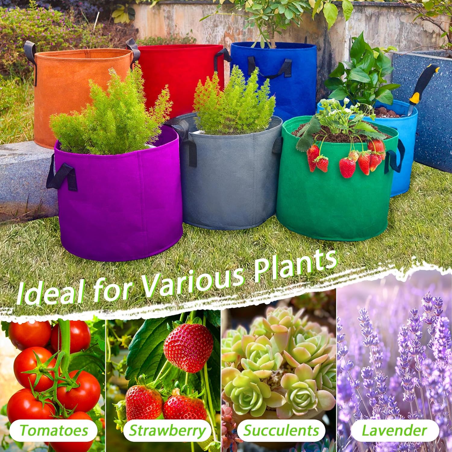 7 Pack 15 Gallon Plant Grow Bags - Mixed 7 Colors with Reinforced Handles & Aeration Design, Ideal for Tomato, Flowers & Fruits