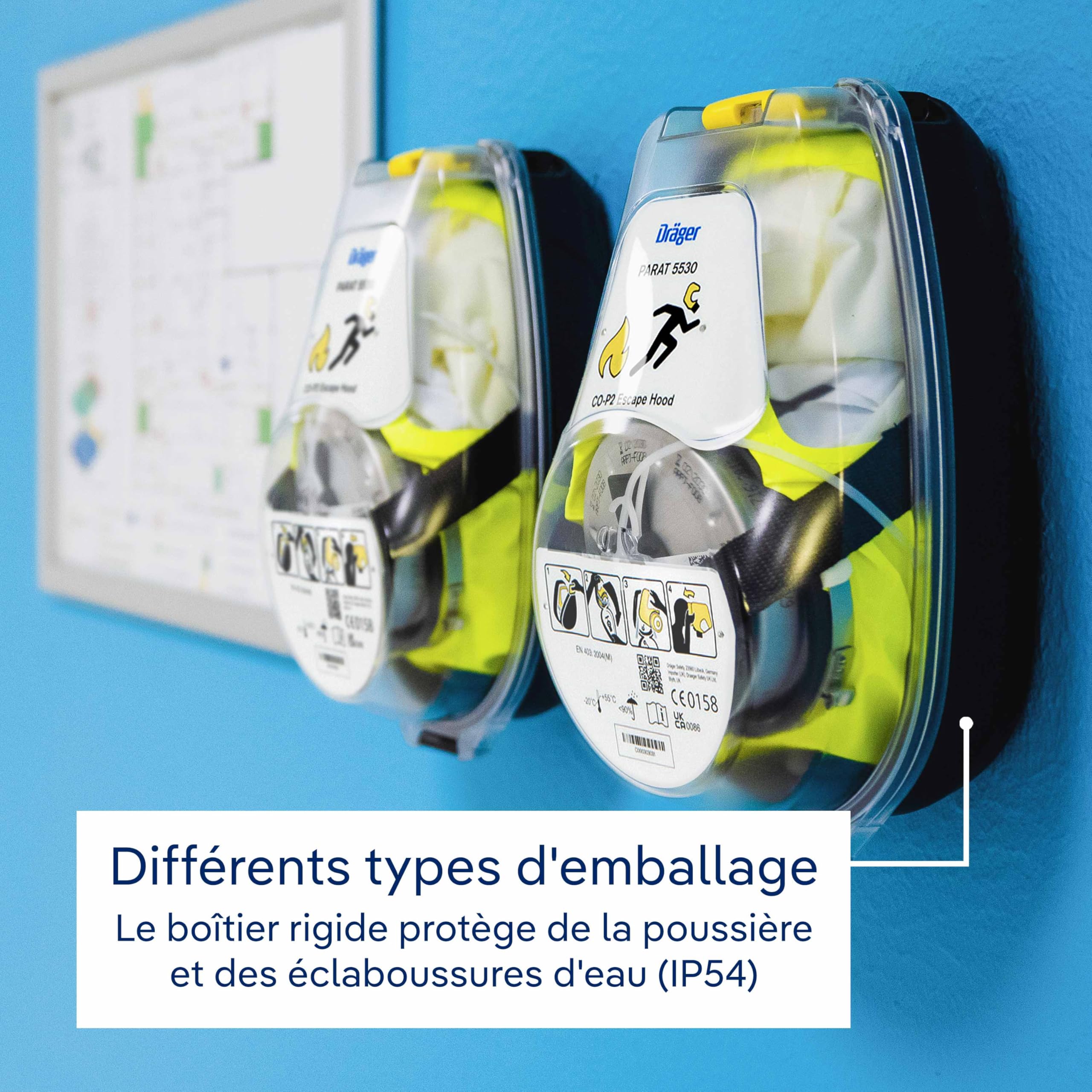 Dräger PARAT 5530 Hard Case Cagoule/Masque de protection respiratoire antifumée avec filtre combiné CO P2 contre les gaz, vapeurs et particules toxiques lors d'incendie