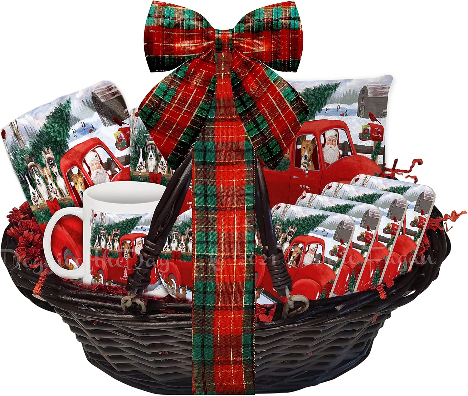 The Ultimate Dog Lover Christmas Basket Christmas Santa Express Delivery Red Truck Basenji Dogs Blanket, Pillow, Coasters, Magnet, Coffee Mug and Ornament