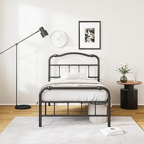 Miniatura 6 de Base de cama individual de 14 pulgadas, resistente, con cabecero y estribo, marco de cama de metal, no necesita somier, fácil montaje,