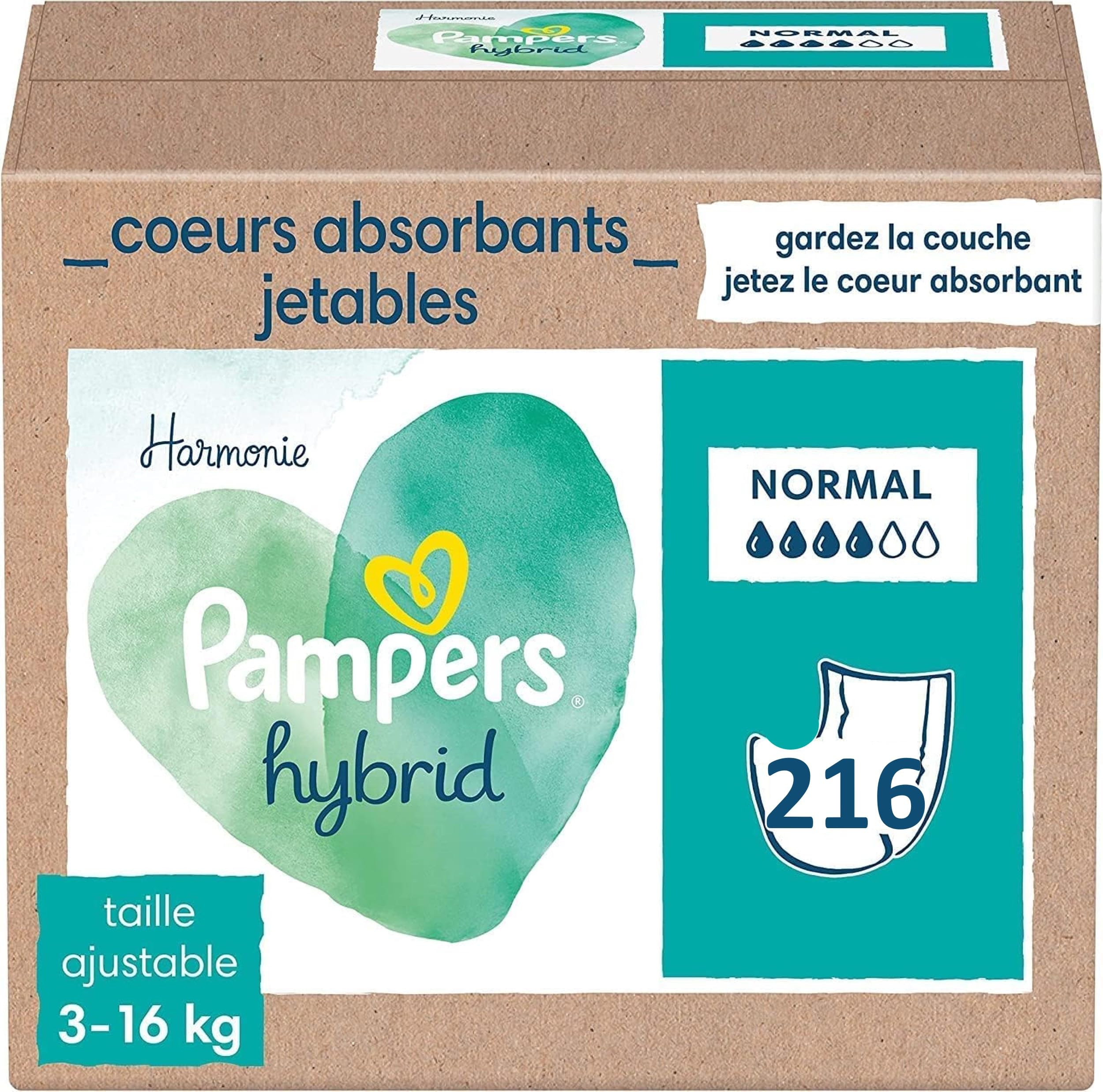 Pampers Harmonie Hybrid, 216 corazones de protección desechables para pañal lavable híbrido, 100% de absorción, protege la piel sensible de los bebés, ingredientes de origen vegetal y sin perfume