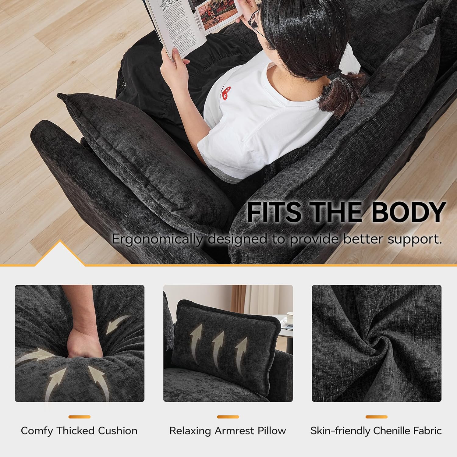 76'' Cloud Deep Seat Loveseat, Upholstered Chenille Modular 2-Seats Sectional Sofa Couch, Modern Comfy Settee Loveseat for Living Room Set, Small Apartment, Dark Grey
