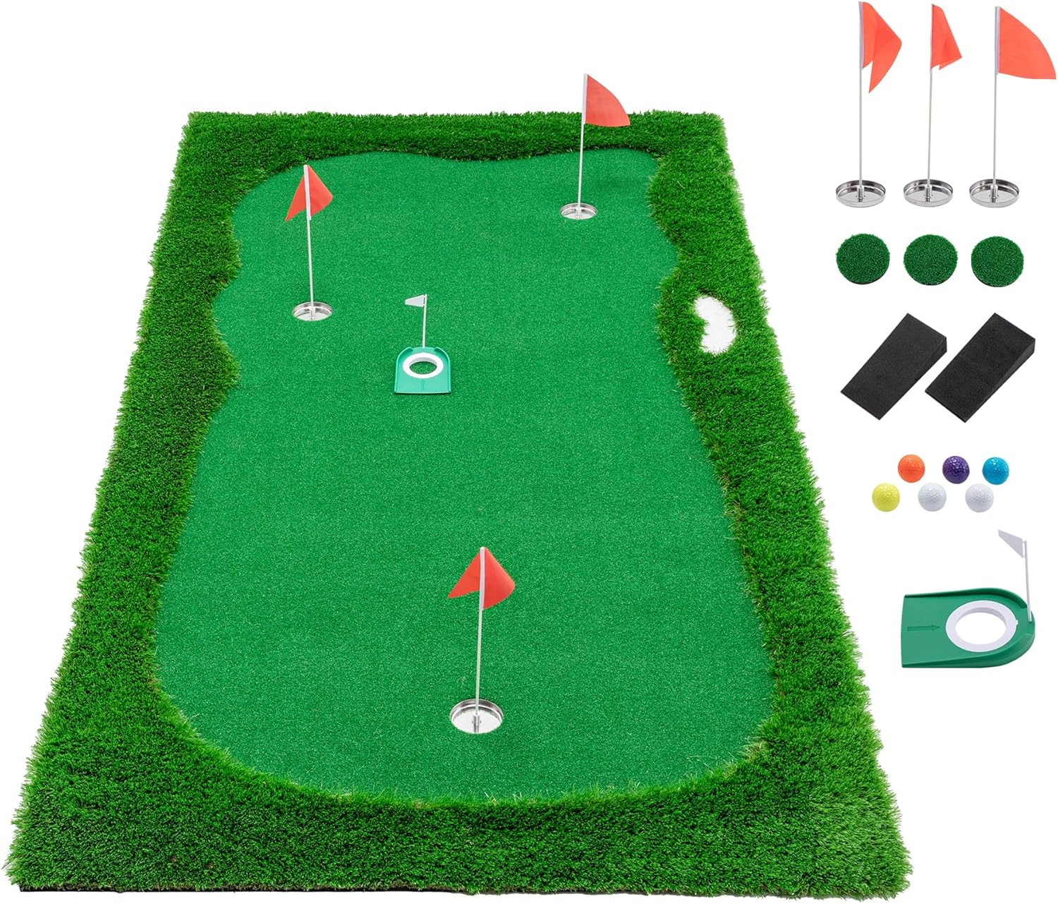 Golf Putting Green Mat, Large Professional Golf Training Mat with 3 Holes, 3 Flags,1 Movable Cup and 2 Slope Pad for Indoor Outdoor Putting Practice