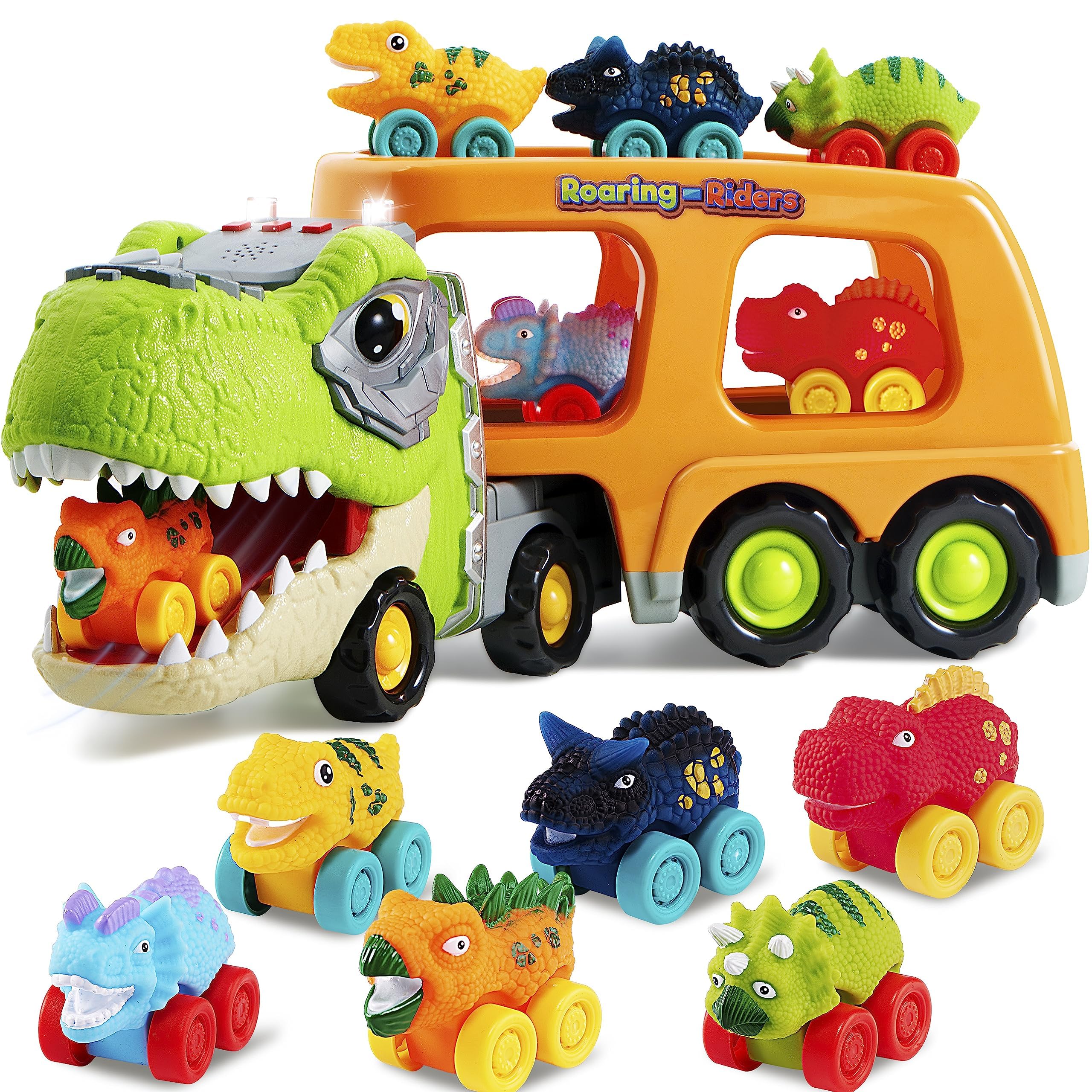 JOYIN Dinosaur Truck for Kids with 6 Soft Rubber Dinosaur Car Vehicles, 1 Toy Dinosaur Transport Carrier Truck with Music and Roaring Sound, Flashing Lights, Mini Dinosaur Car Playset, Gift for Boys