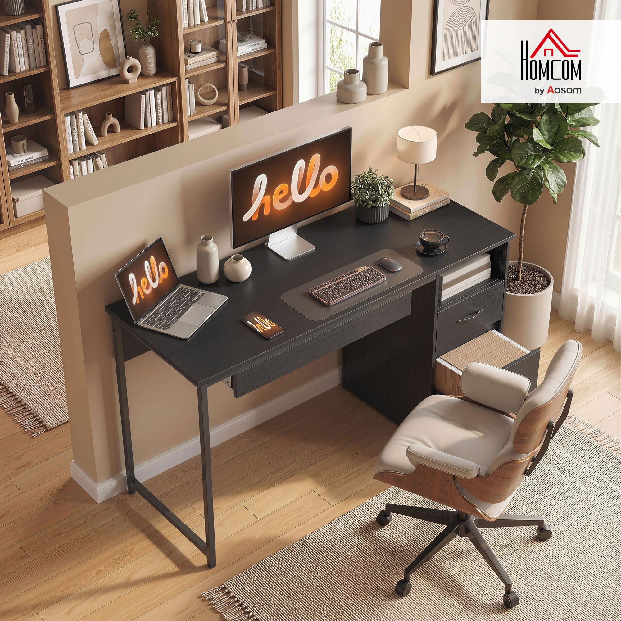 HOMCOM Scrivania Ufficio Salvaspazio con 2 Cassetti 120x52.3 cm Nero | per Documenti Formato A4 Lettera Legale, Vano Aperto, Vassoio per Tastiera, Tavolo Computer per Studio Casa Ufficio