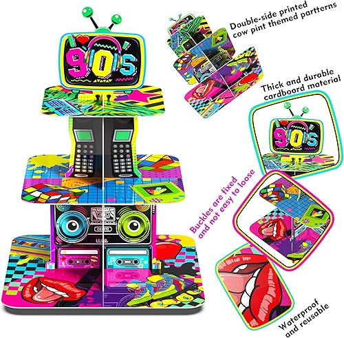 Miniatura 3 de Soporte para cupcakes de 3 niveles con temática de los años 90, decoraciones de fiesta de cumpleaños de los años 90, torre de cupcakes, suministros
