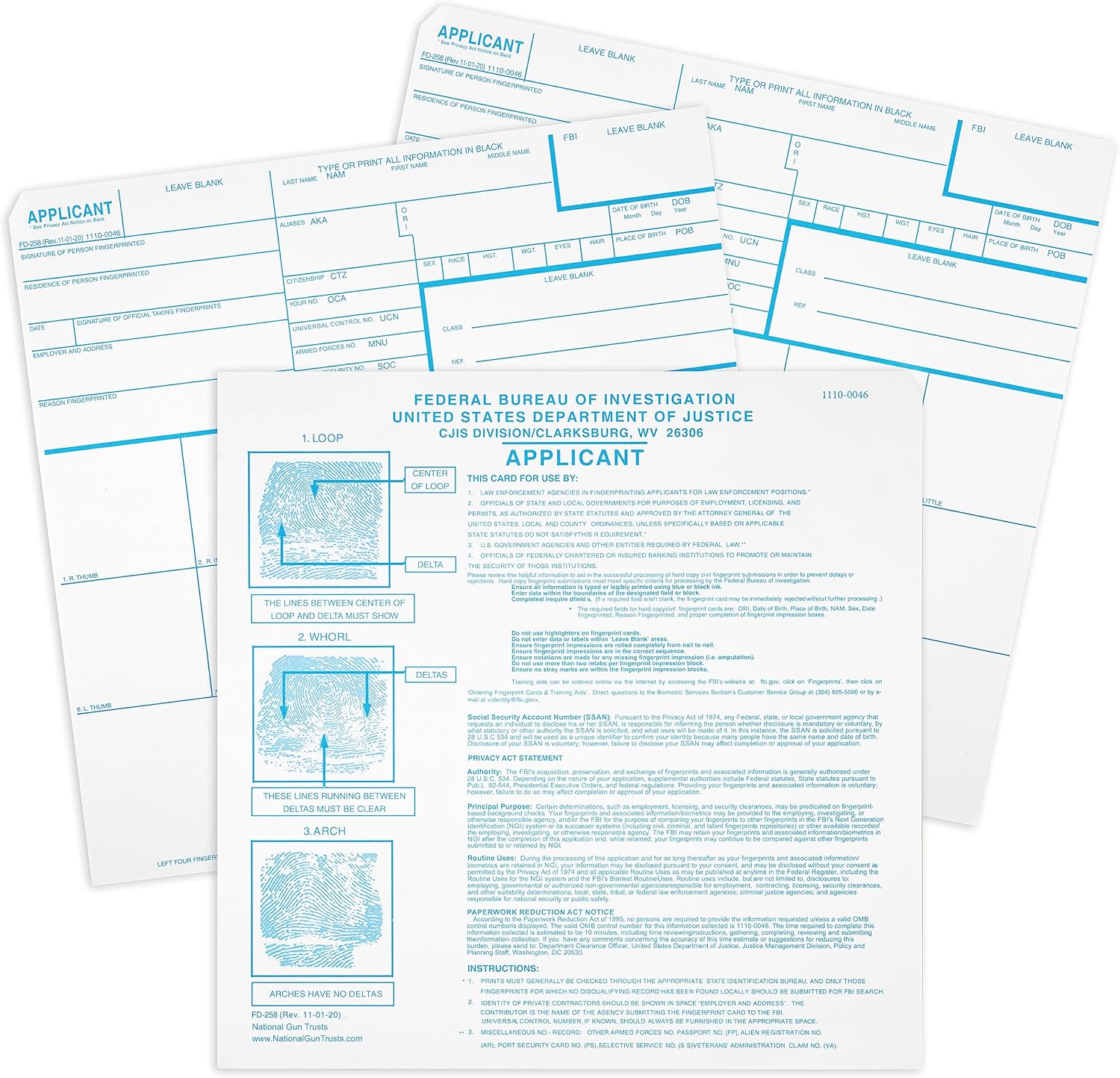National Gun Trusts - Made in USA - FD-258 Fingerprint Cards 2026, 3 Pack - 11-1-20 Version NO ORI