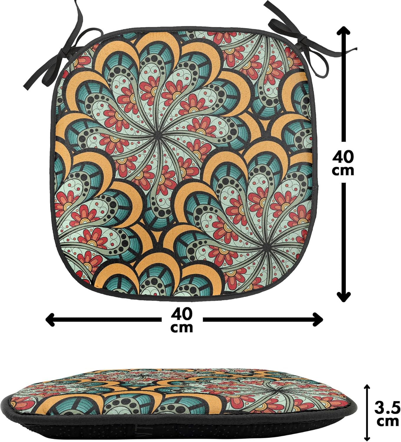 Ambesonne Mandala Chair Seating Cushion Set of 12, Flourishing Nature Design with Paisley Motif Bohemian Pattern, Anti-Slip Seat Padding for Kitchen & Patio, 16"x16", Seafoam Marigold Red