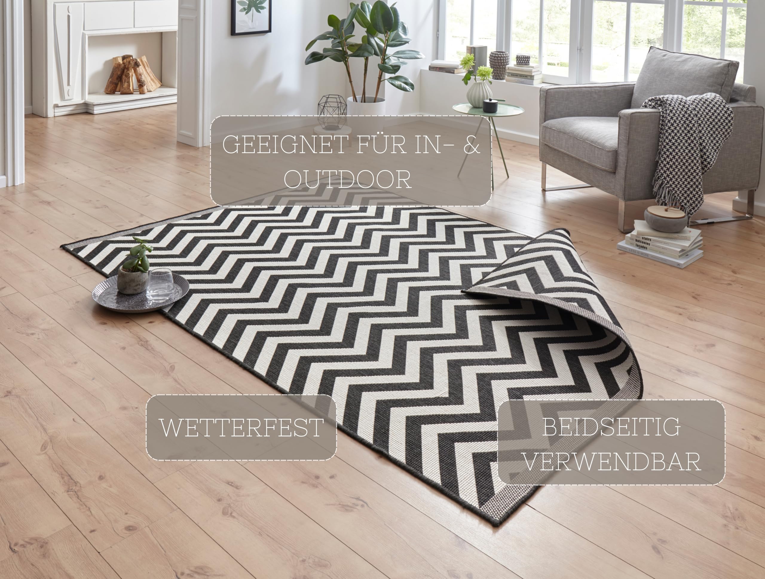NORTHRUGS In- und Outdoor Teppich Palma 80x150cm - Wendeteppich Wetterfest Modernes Design Zick-Zack Muster Läufer für Balkon Terrasse Garten Wintergarten Wohnzimmerteppich Wasserfest in Schwarz Creme