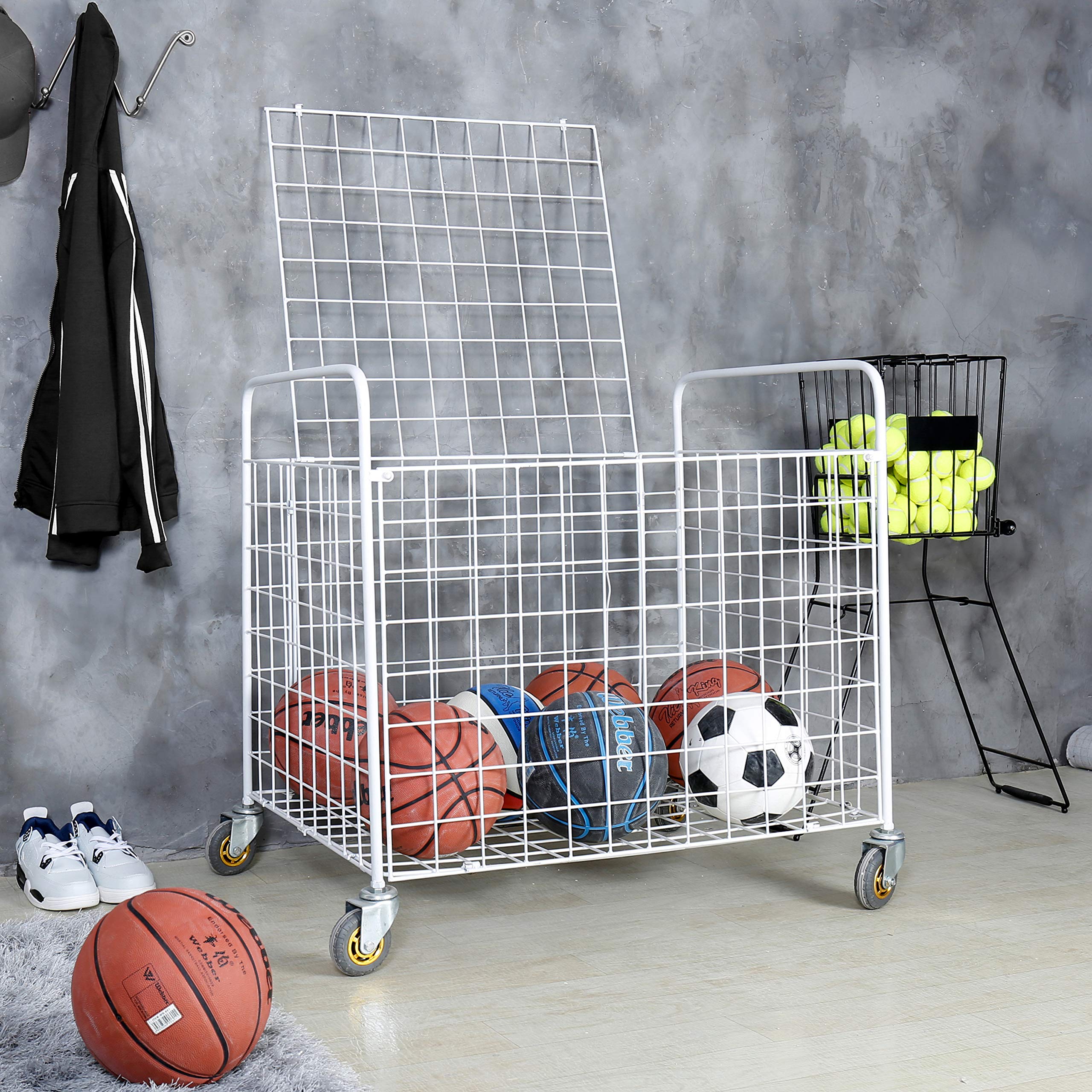 MyGift Metal Rolling Multi Sports Ball Storage Hopper & Basketball, Football, Soccer Equipment Cart