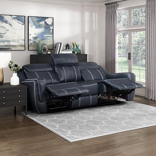 Lexicon Modern Double Recliner Sofa, Faux Leather Reclining Sofa with Center Drop-Down Cup Holders, Storage Pouch, Receptacles, USB Ports, Manual Recliner Couch for Living Room/Office/Apartment, Blue