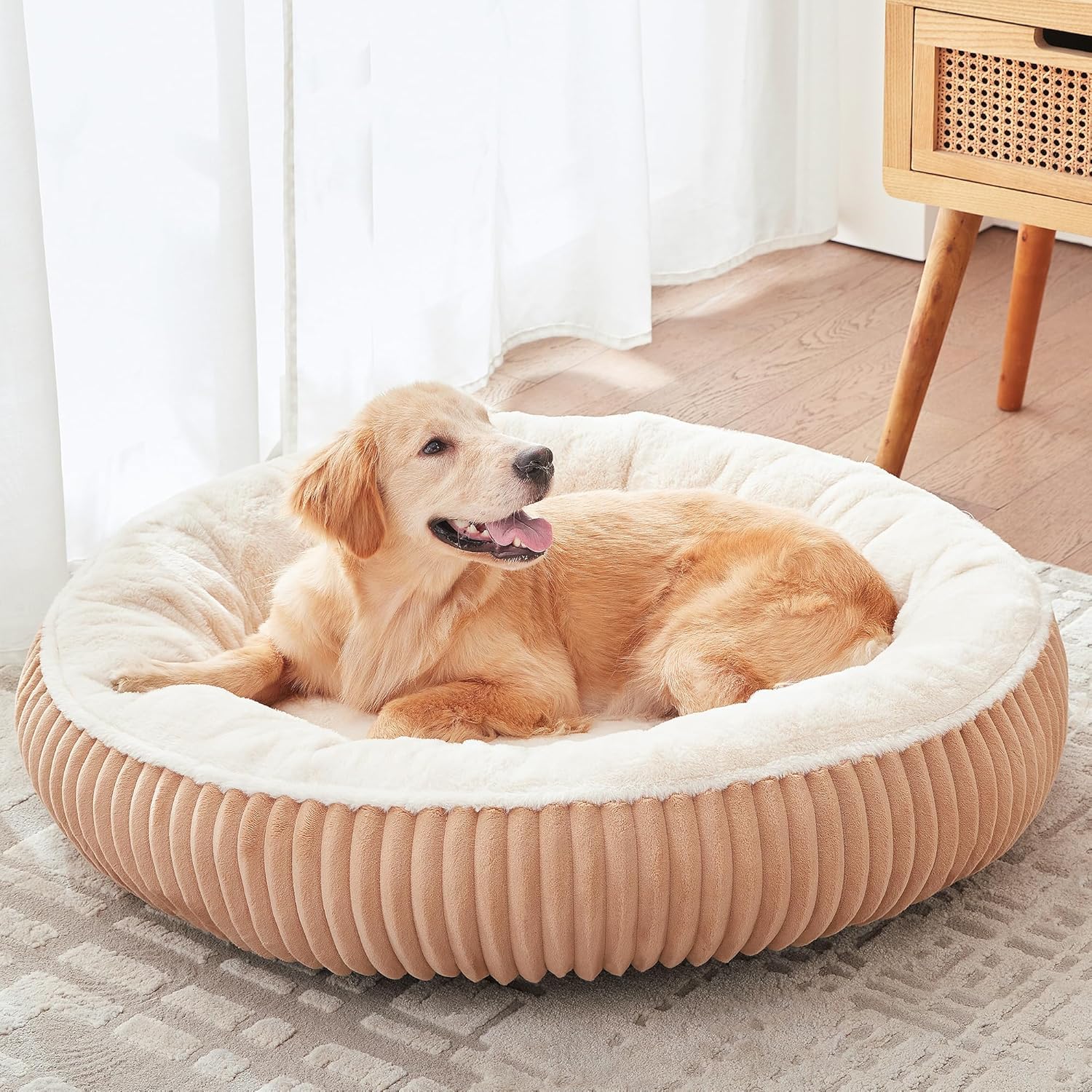 36 inches Donut Dog Bed for Large Dogs - Calming Round Pet Bed with Removable Cover,Washable Milk Plush Faux Fur, Fits Pets up to 80 lbs(Brown,Large) 36.0"L x 36.0"W x 8.0"Th Brown - Milk plush