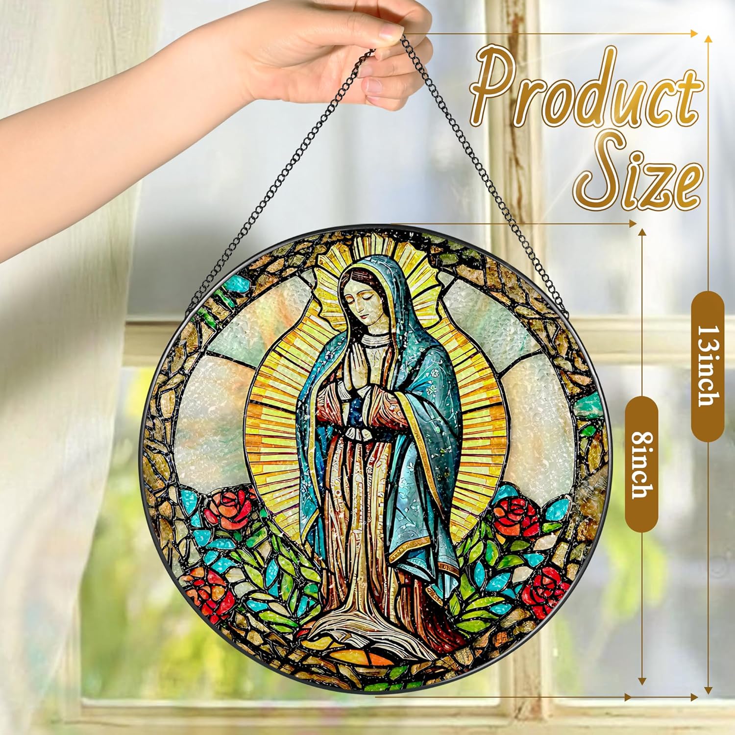 8 Inch Our Lady of Guadalupe Stained Glass Suncatcher, Stained Glass Window Hanging, Mexican Mom Window Hanging, Latin Mom Gift, Gifts for Mother's Day, Religious Gift, Gifts for Christian - Image 2