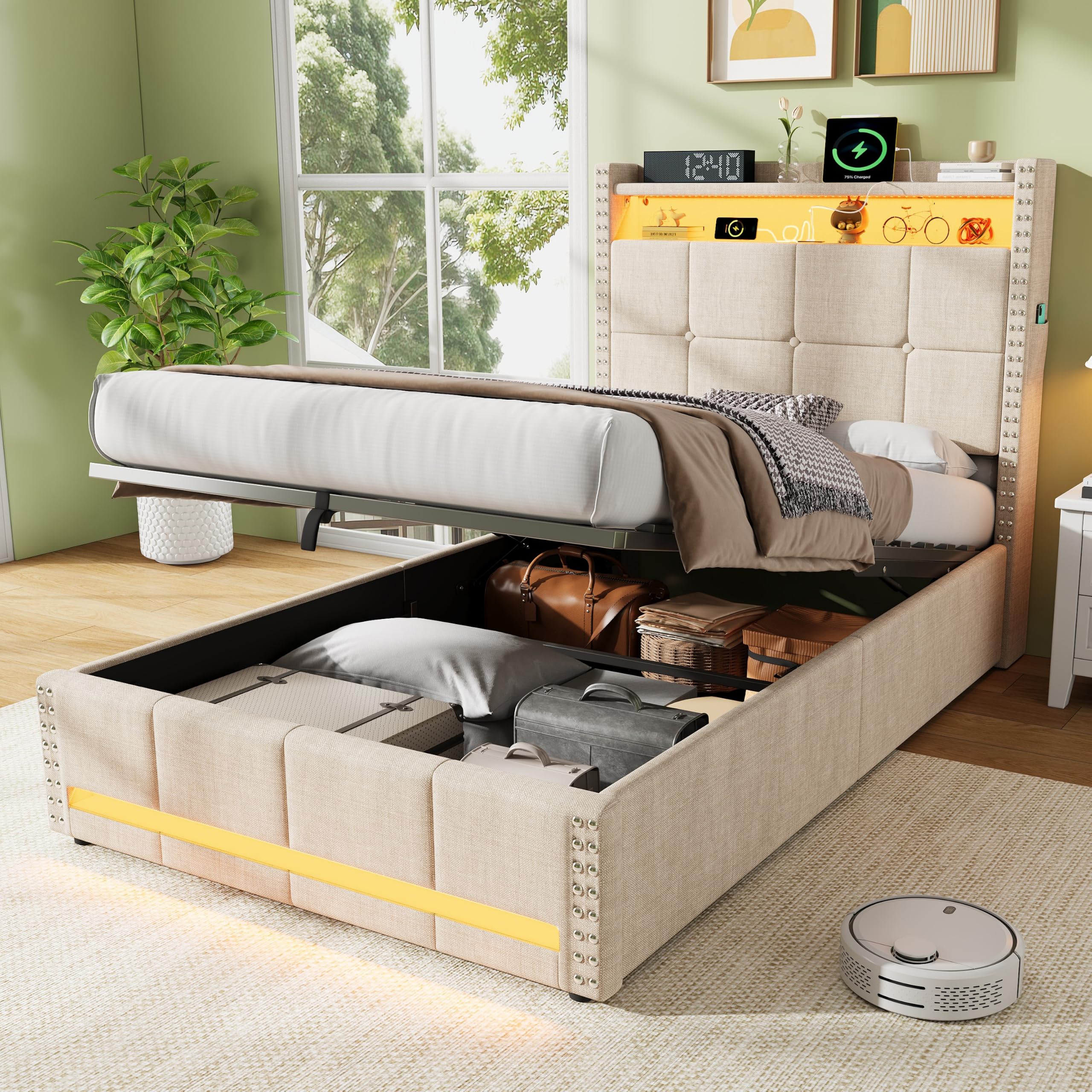Httcg 3ft Single Bed Frame Ottoman Bed with Hydraulic Storage, Linen, Beige