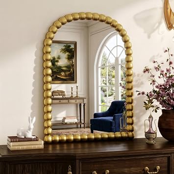 24"36" Gold Arched Bathroom Vanity Mirror, Vintage Beaded Decorative Wall Mounted Makeup Mirror, as Wall Decor Hanging Leaning for Fireplace Mantle, Living Room, Bedroom, Vanity Area