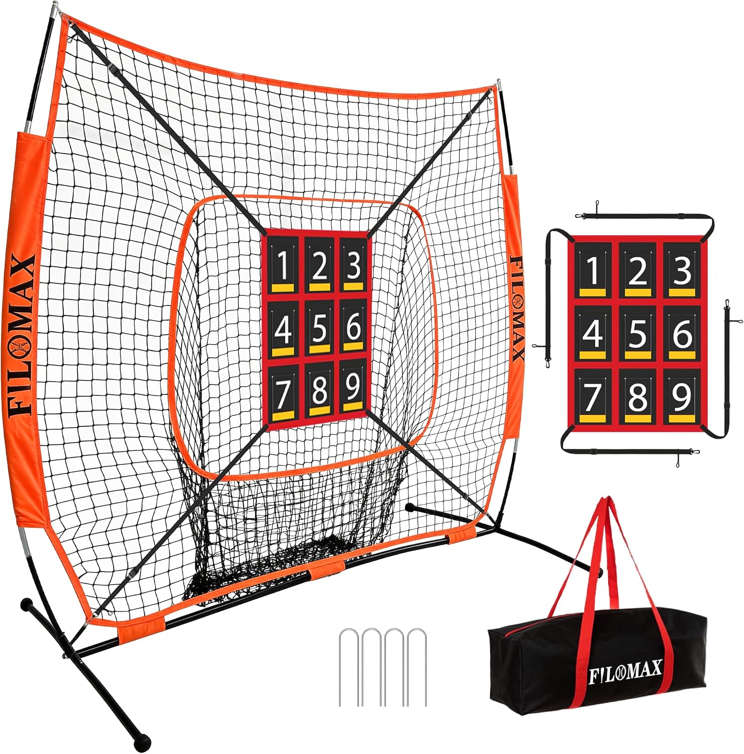 6x6ft Baseball & Softball Net with Numbered Strike Zone (9-Cell) and Batting Tee – Heavy Duty Portable Practice Net for Hitting, Pitching & Throwing – Includes Carry Bag & Ground Stakes