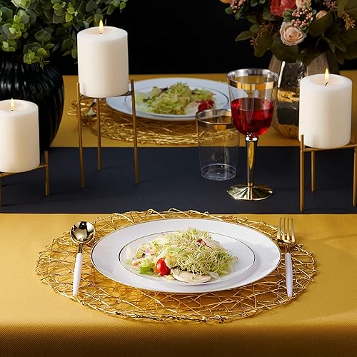 Miniatura 2 de Juego de vajilla de plástico con 30 platos desechables y cubiertos para invitados, platos de cena y postre con borde plateado blanco, cubiertos