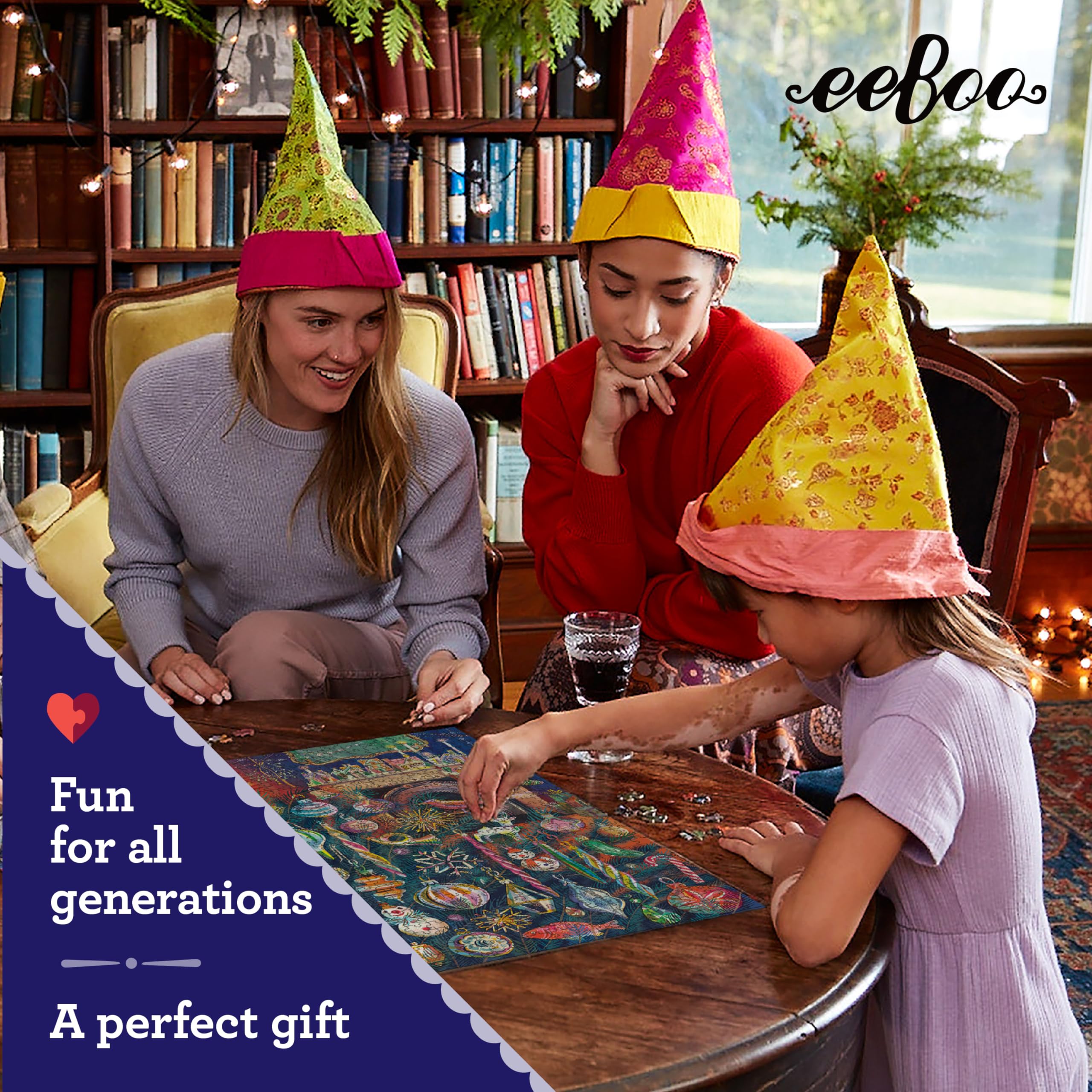 eeBoo Sztuka i miłość: Ozdoby świąteczne - 1000 elementów Puzzle - Kwadratowa układanka świąteczna dla dorosłych, 23 x 23, zawiera wkładkę do obrazu, błyszczące elementy