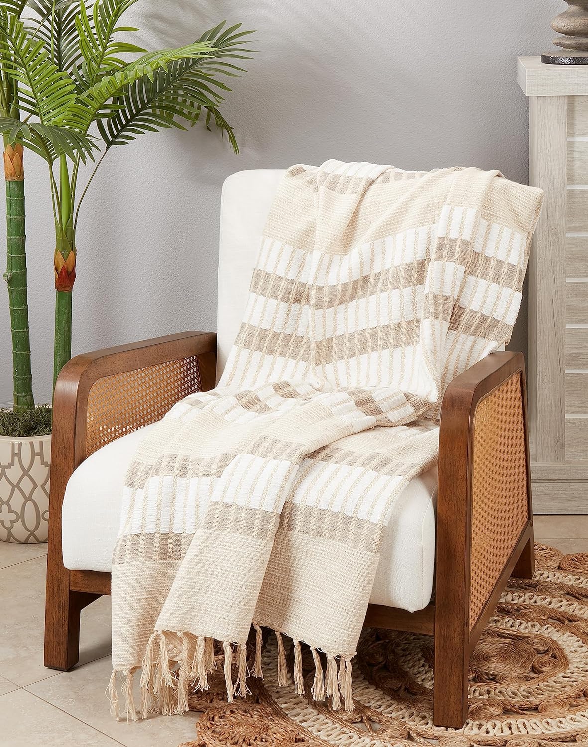 SARO LIFESTYLE Earthy Elegance Woven Stripe Throw Blanket with Fringe