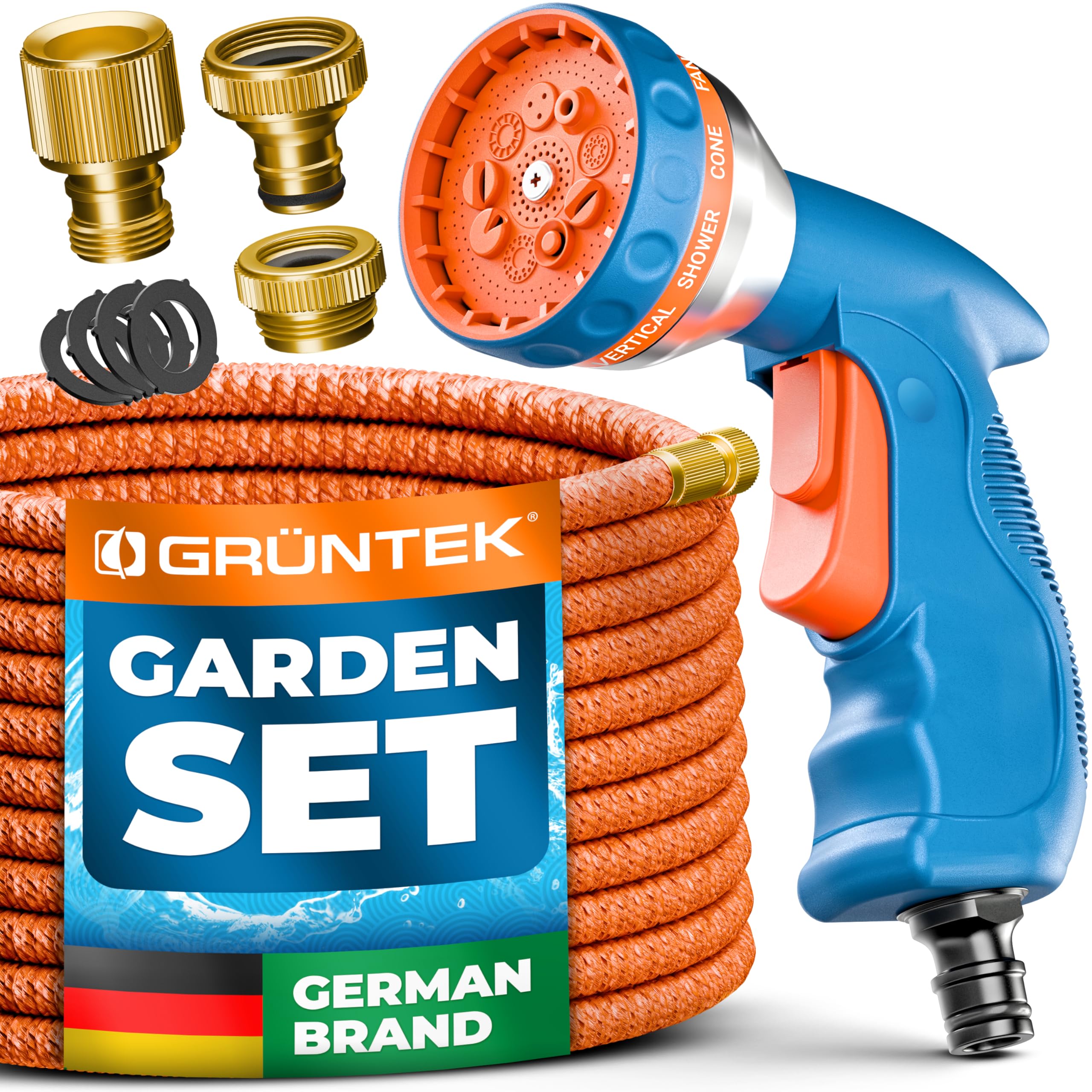 Grüntek Orange King Cobra Expandable Garden Hose Set 75Ft (23M) – Flexible Hose With 10-Pattern Spray Gun, Latex Core, Textile Reinforcement, Brass Connectors – Garden Watering & Car Washing