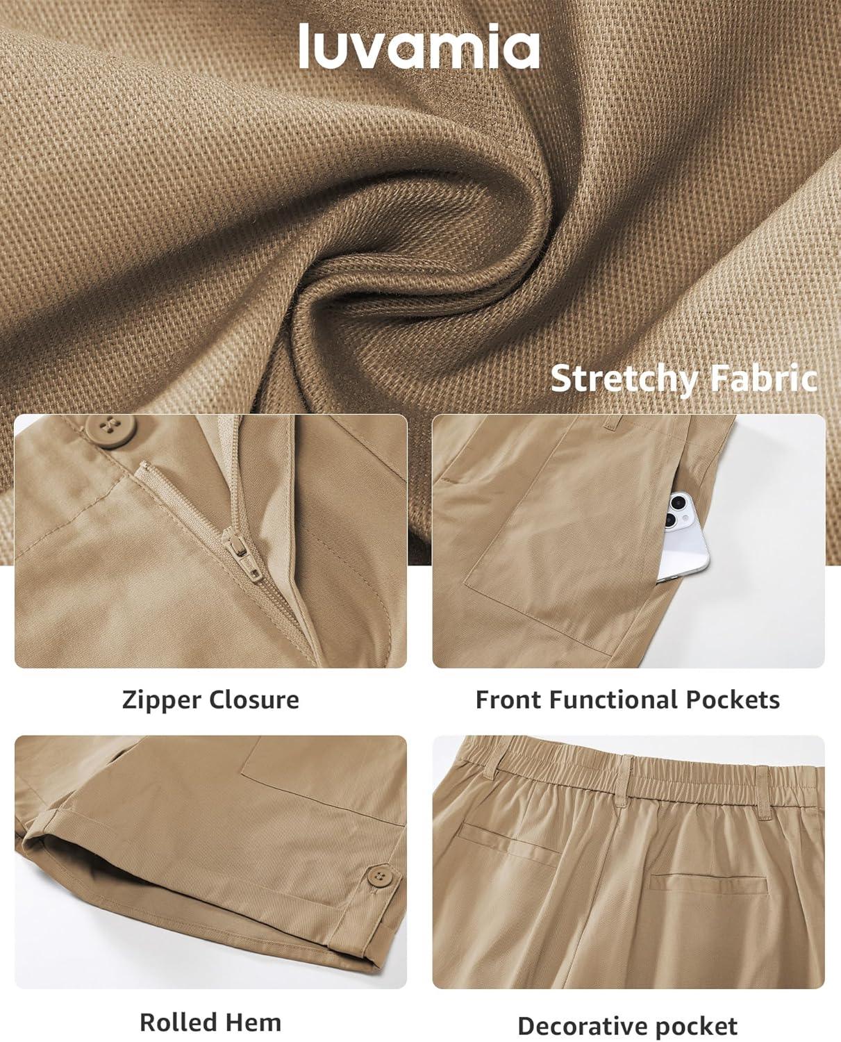 luvamia Shorts for Women High Waisted Dressy Casual Summer Elastic Waist Comfy Rolled Hem Stretch Twill Pocket Shorts - Image 5