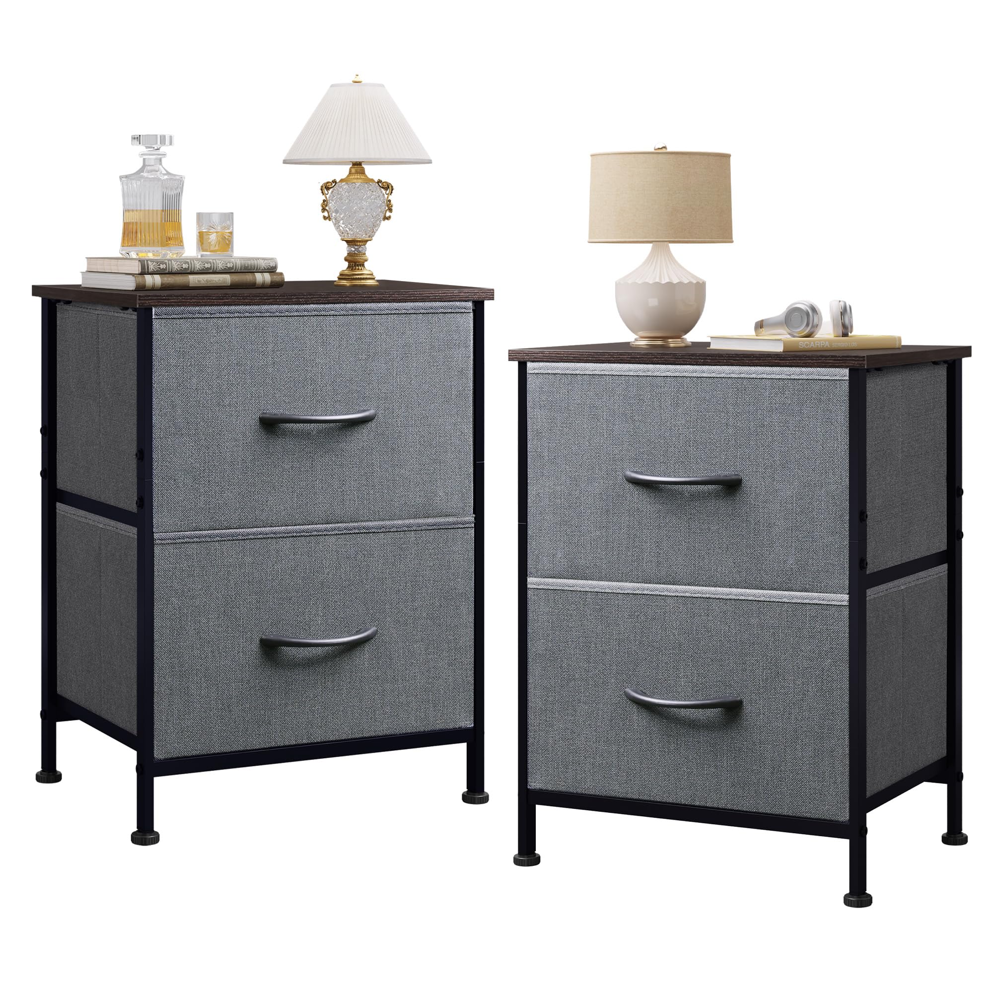 WLIVE Nightstand Set of 2, 2 Drawer Dresser for Bedroom, Small Dresser with 2 Drawers, Bedside Furniture, Night Stand, End Table with Fabric Bins for Bedroom, Closet, College Dorm, Dark Grey