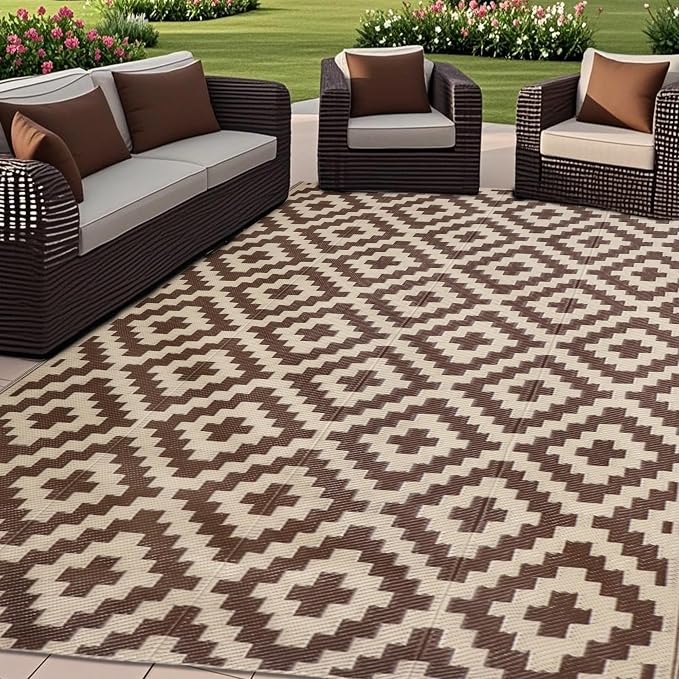SAND MINE Waterproof Outdoor Rug 5x8 ft, Plastic Reversible Rug, Modern Area Rug, Large Floor Mat for Outdoors, RV, Patio, Backyard, Deck, Picnic, Beach, Camping (5' x 8', Black & White Lattice)