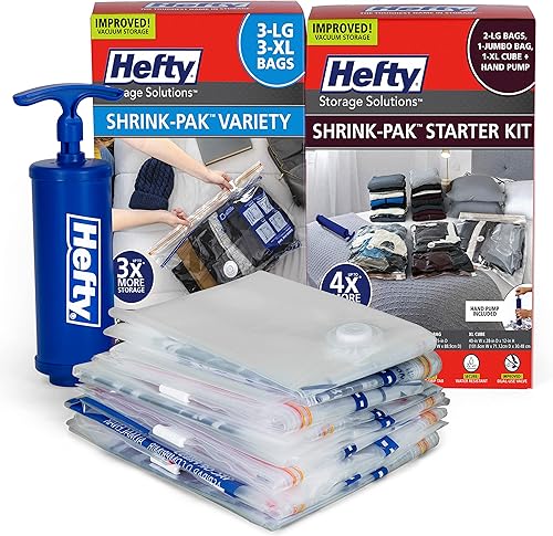 Hefty Super Starter Kit de 5L, 3XL, cubo 1XL y 1 bolsa jumbo, bolsas de almacenamiento al vacío reutilizables y resistentes al agua, total de 10