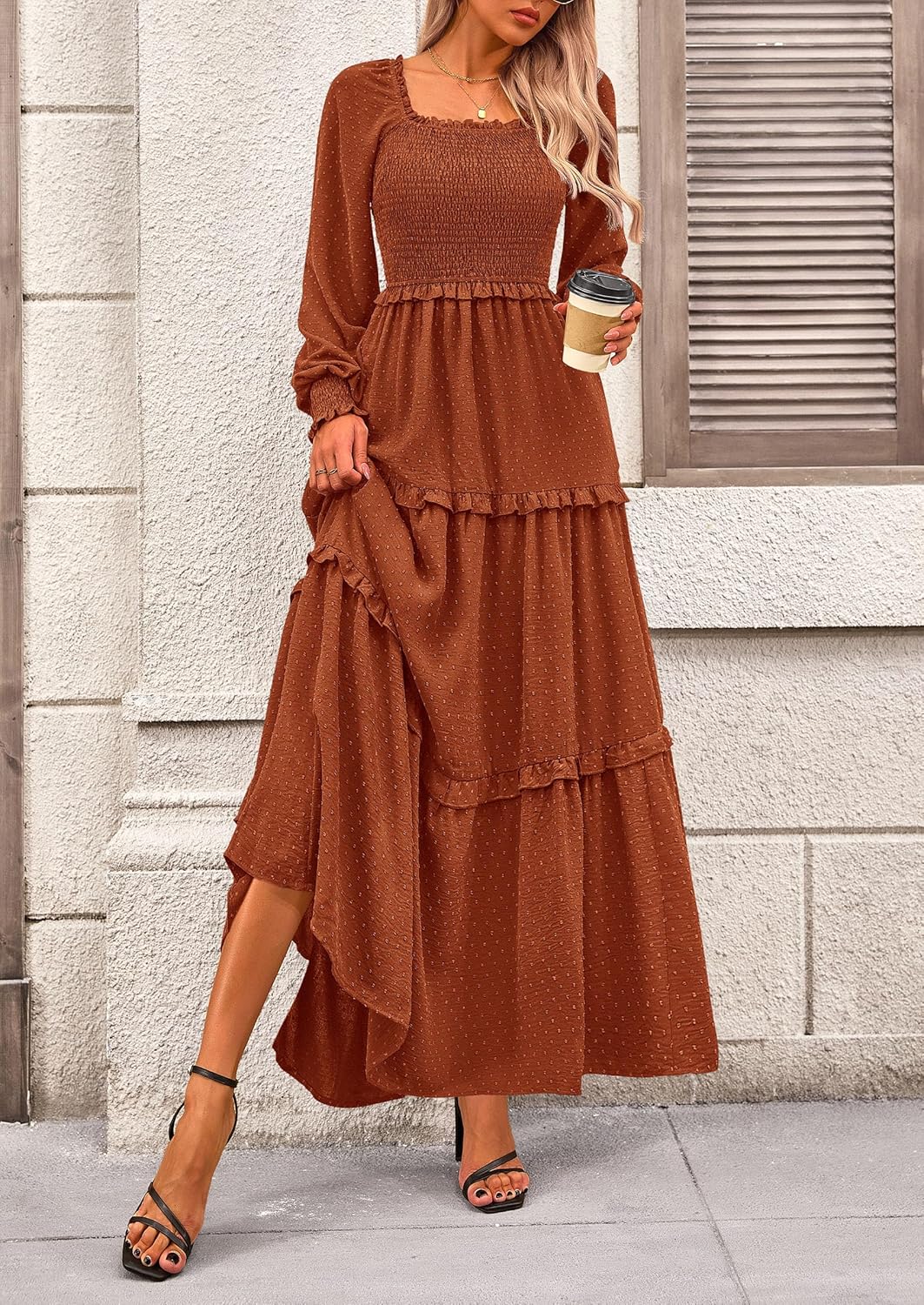 PRETTYGARDEN Fall Dresses for Women 2026 Long Sleeve Smocked Square Neck Swiss Dot Tiered Flowy Wedding Guest Maxi Dress - Image 4