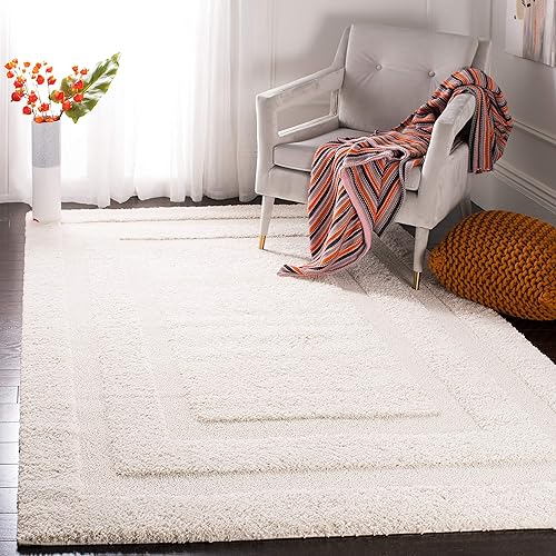 SAFAVIEH Florida Shag Collection 4' x 6' Cream / Cream SG454 Border Non-Shedding Living Room Bedroom Dining Room Entryway Plush 1.2-inch Thick Area Rug