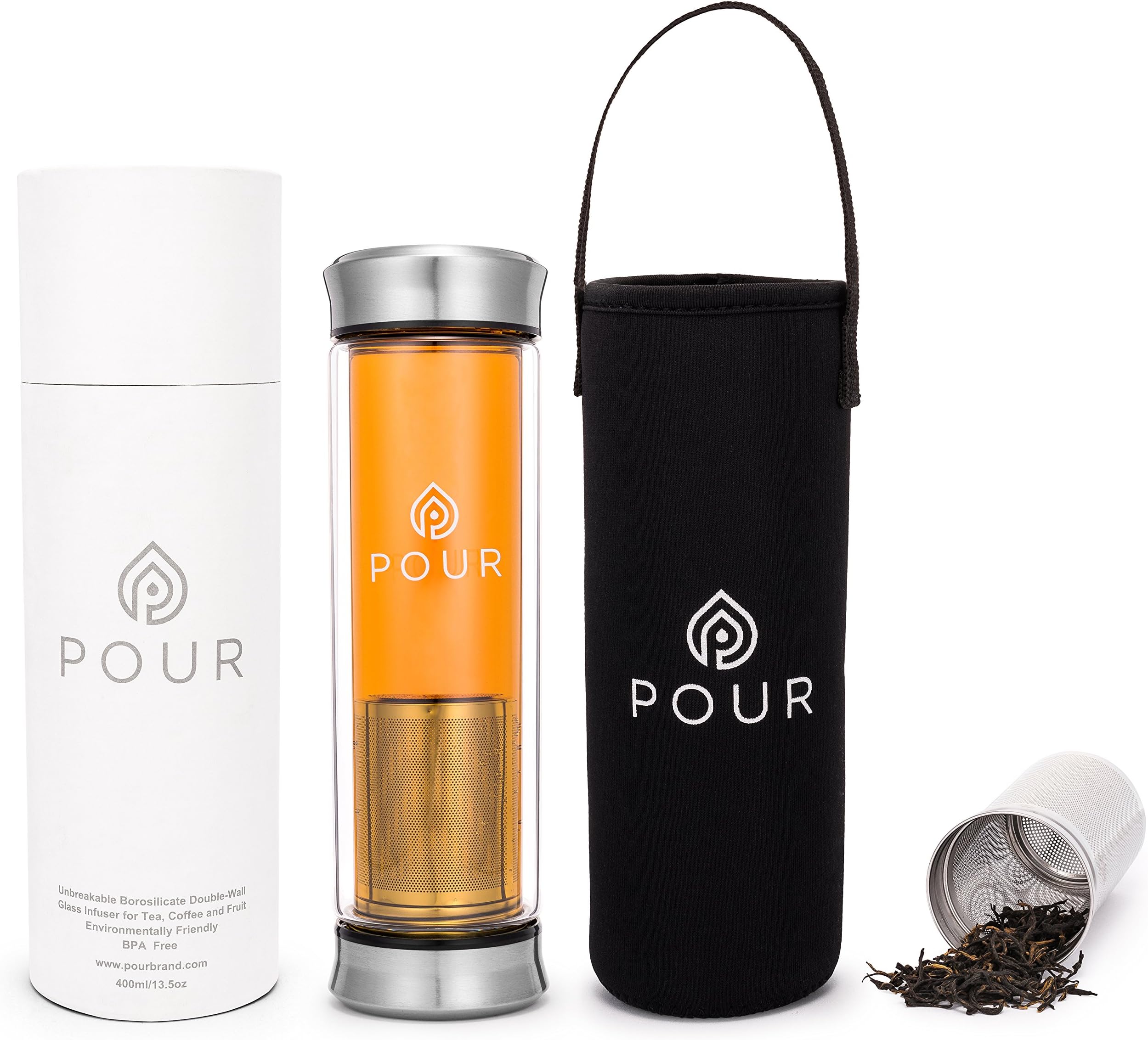 Double Wall Insulated Borosilicate Glass Tea Infuser Bottle With BPA Free Leakproof Stainless Steel Lids & Sleeve | Fine Steeping | For Loose Tea, Fruit Water, Coffee Brewing & More