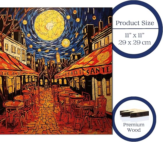 Ahşap Puzzle Yetişkin - Van Gogh Kafe Terasta Yıldızlı Gece Reprodüksiyonu - 353 Parça, 29 x 29 cm - Yapıştırıcı Folyo Dahil - Benzersiz Şekilli Parçalar & Özel Figürler - S1-33