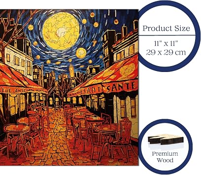Ahşap Puzzle Yetişkin - Van Gogh Kafe Terasta Yıldızlı Gece Reprodüksiyonu - 353 Parça, 29 x 29 cm - Yapıştırıcı Folyo Dahil - Benzersiz Şekilli Parçalar & Özel Figürler - S1-33