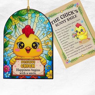 Positive Chick Ornament with Story Card & Envelope – Cute Stained Glass Effect Christmas Tree Decoration, Emotional Support Chicken Gift, Inspirational Quote Ornament for Friends, Teachers