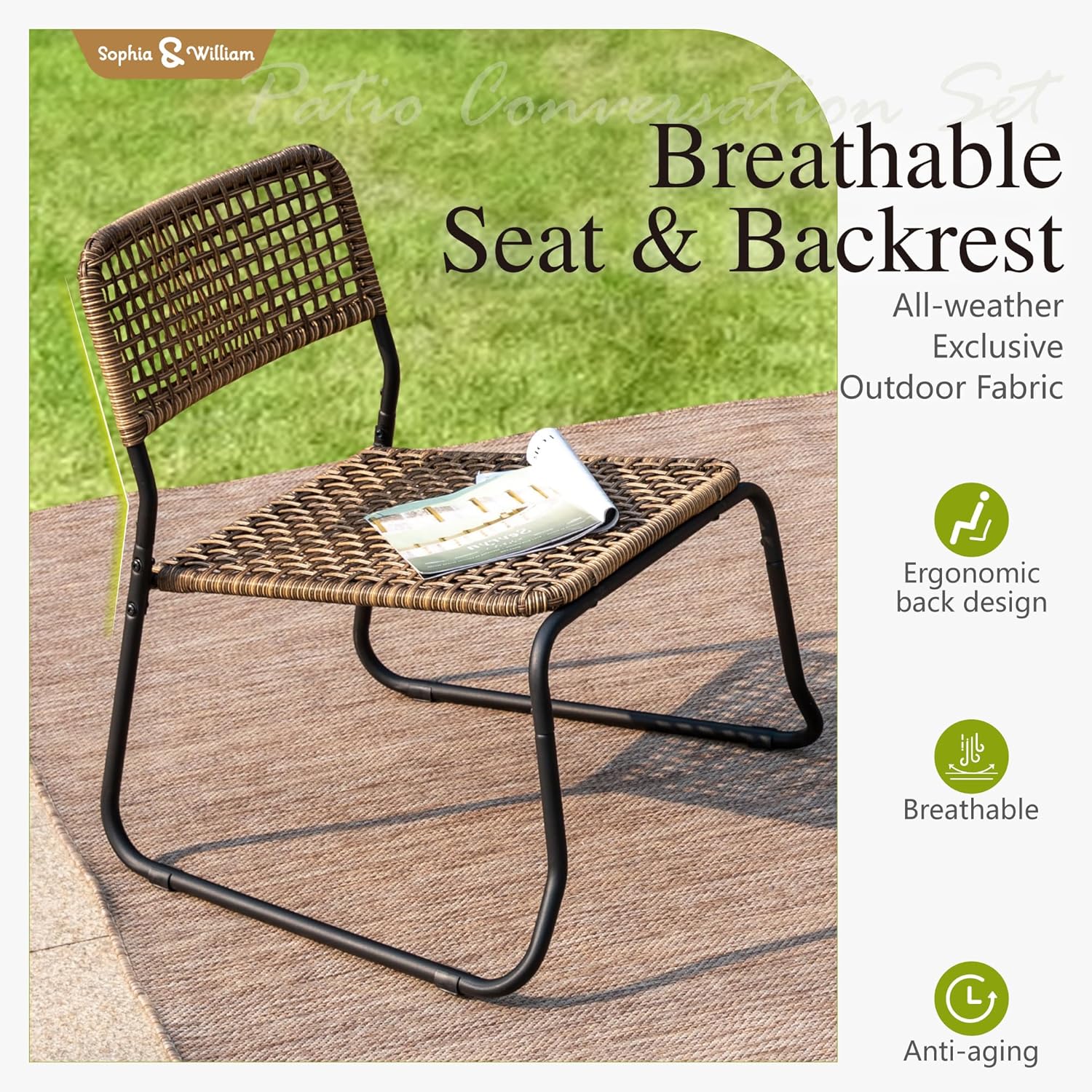 Sophia & William 3-Piece Bistro Set - Stackable PE Rattan Chairs & Acacia Wood Table, Modern Outdoor Conversation Set for Patio, Balcony, Garden (2 Chairs + Round Table)