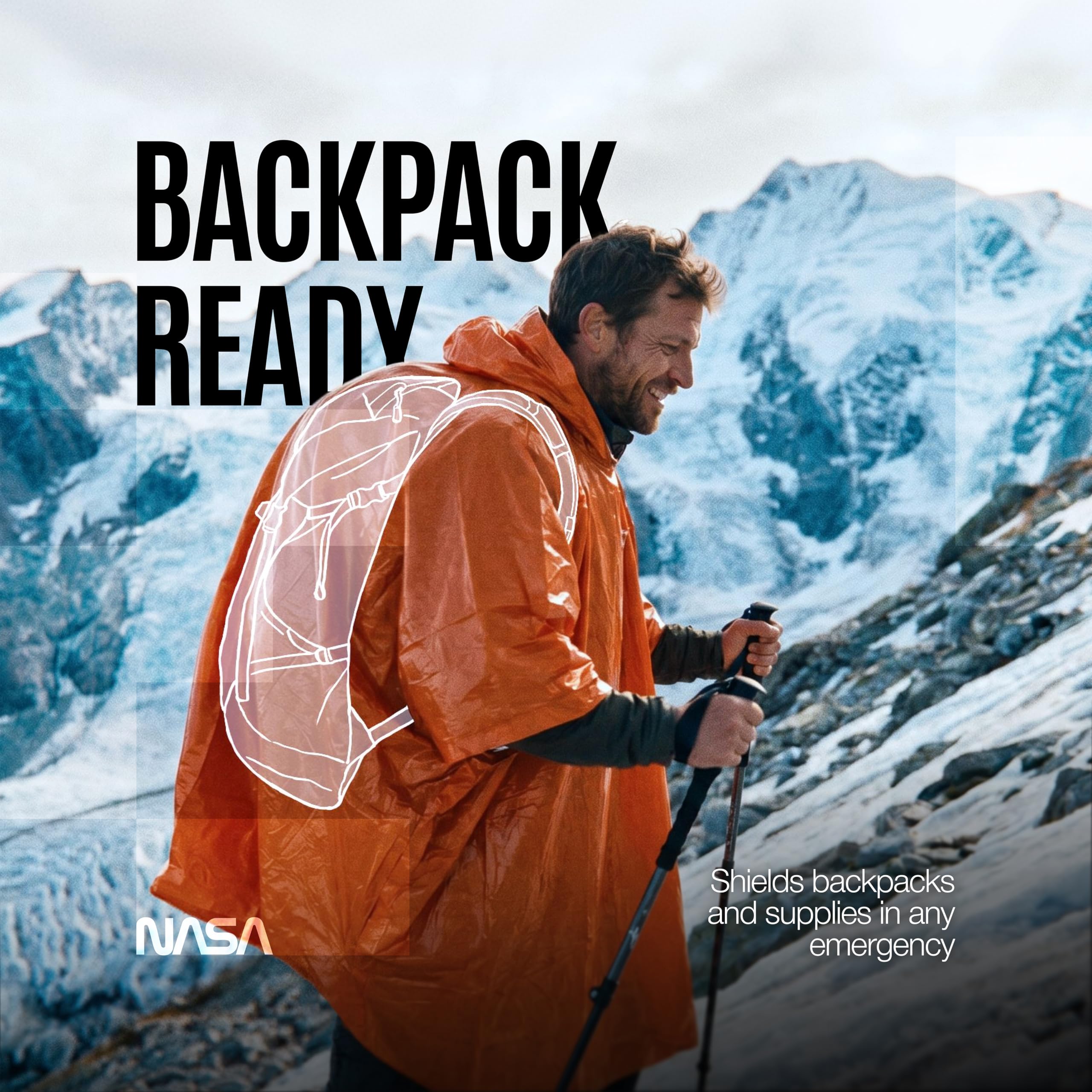 NASA Ponchos de Emergencia (Pack de 4), Mylar Antidesgarro, 92% Retención Térmica, Naranja de Alta Visibilidad