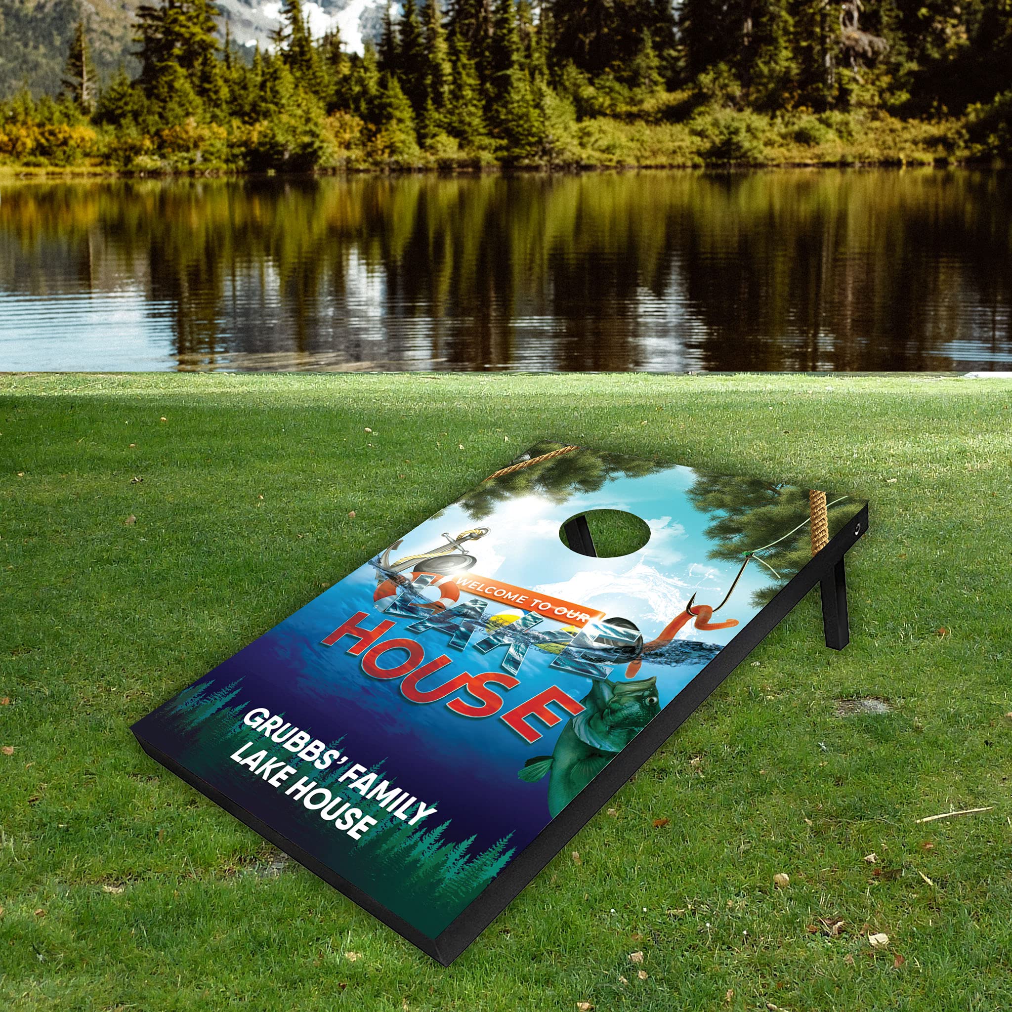 VictoryStore Cornhole: Custom Lake House Cornhole Bag Toss Custom Text, Includes 8 Bags