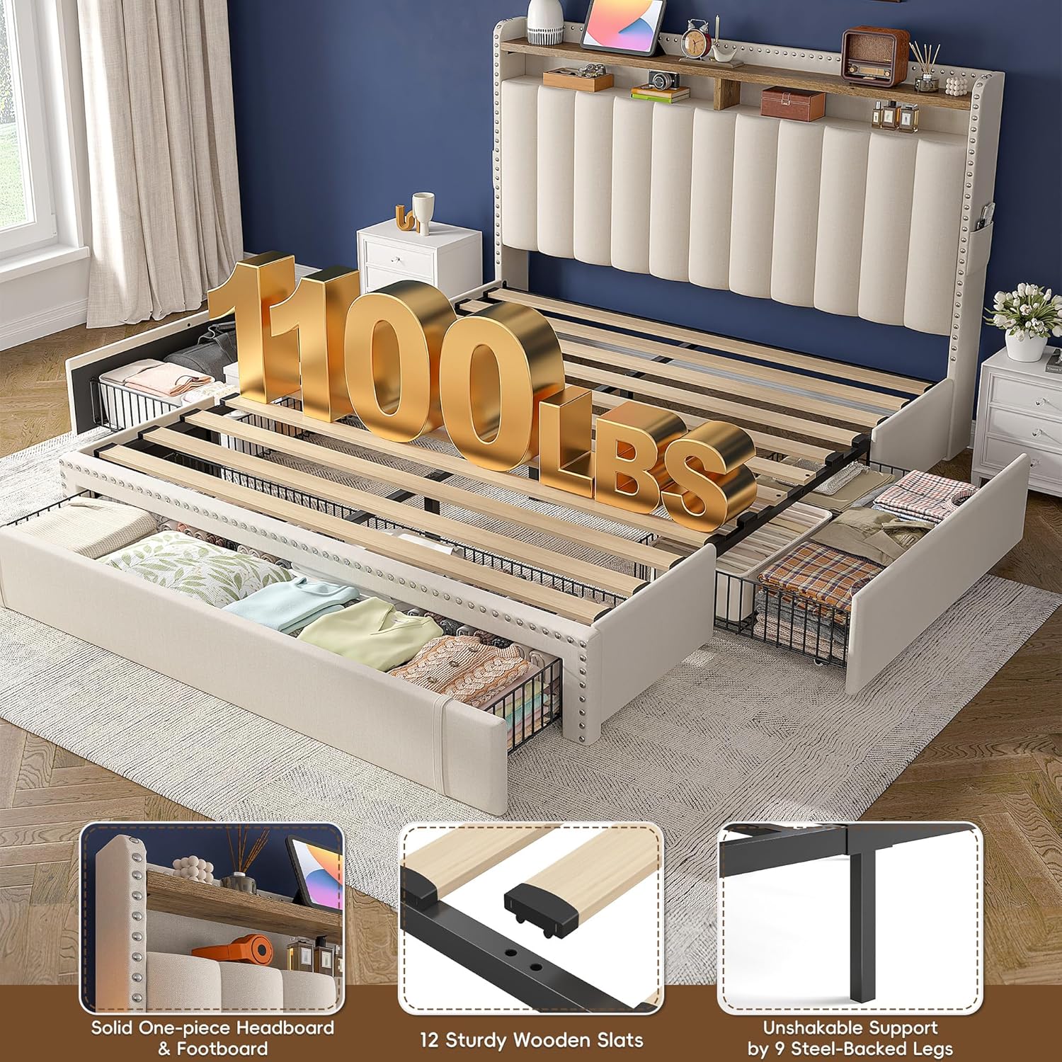 EnHomee Queen Size Bed Frame with 3 Storage Drawers, Upholstered Bed Frame with 2-Tier Headboard Shelves, 1100LBS Heavy Duty, No Box Spring Needed, Easy Assembly, Beige