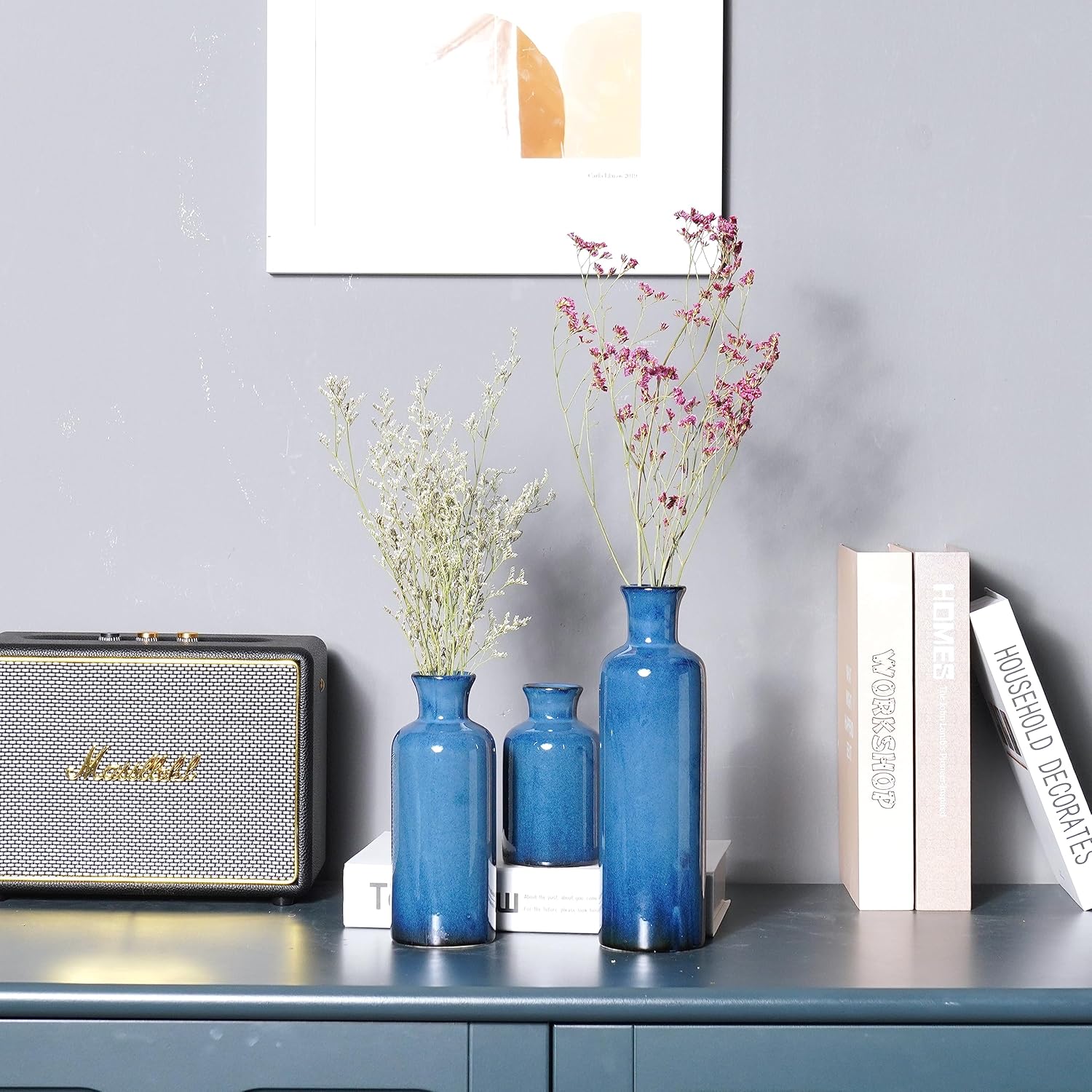 Ceramic Vase Set Home Decor - 3Pcs Modern Rustic Boho Geometric Blue Flowers Vase Decoration, Shelf Decor, Farmhouse Living Room Decoration, Decorative Gift Cynkeyee - Image 4