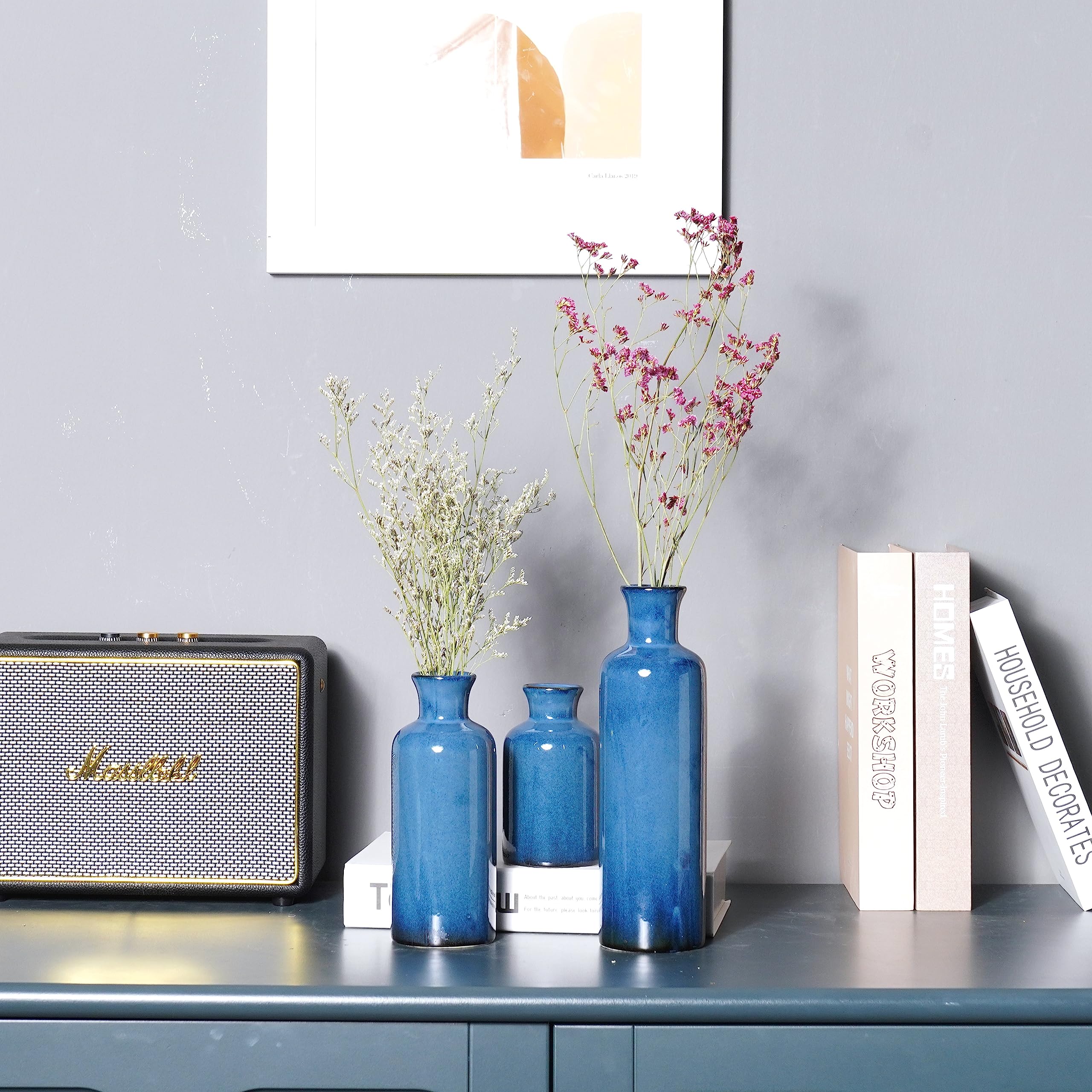 Juego De 3 Jarrones únicos De Cerámica Azul Para Decoración