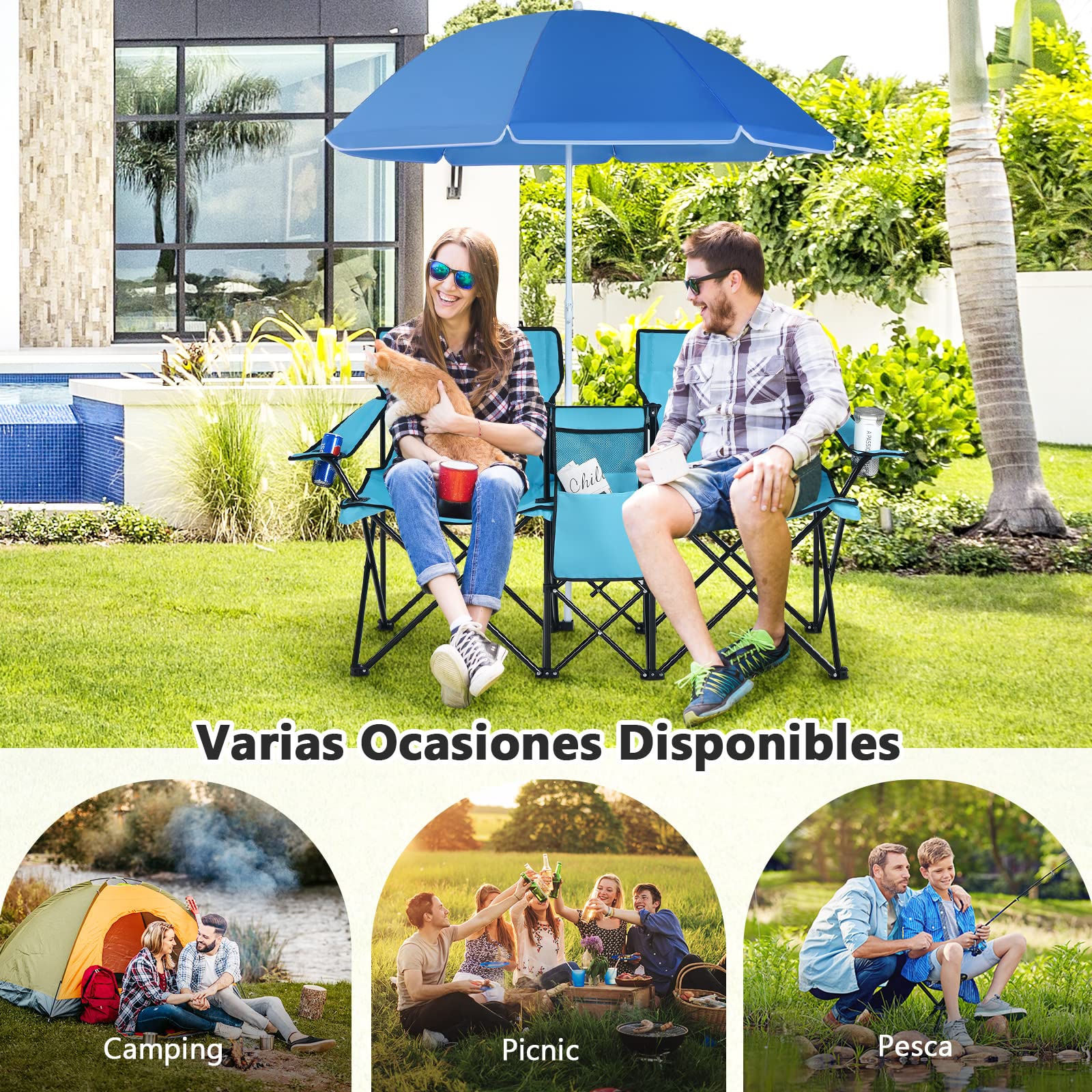 COSTWAY 2 Sillas de Camping con Sombrilla, Sillas Playas Plegables Doble, Portavasos, Bolsa Nevera, Bolsilla Lateral, Bolsa de Transporte, Exterior Picnic Senderismo Barbacoa, 160x56x178cm (Verde)