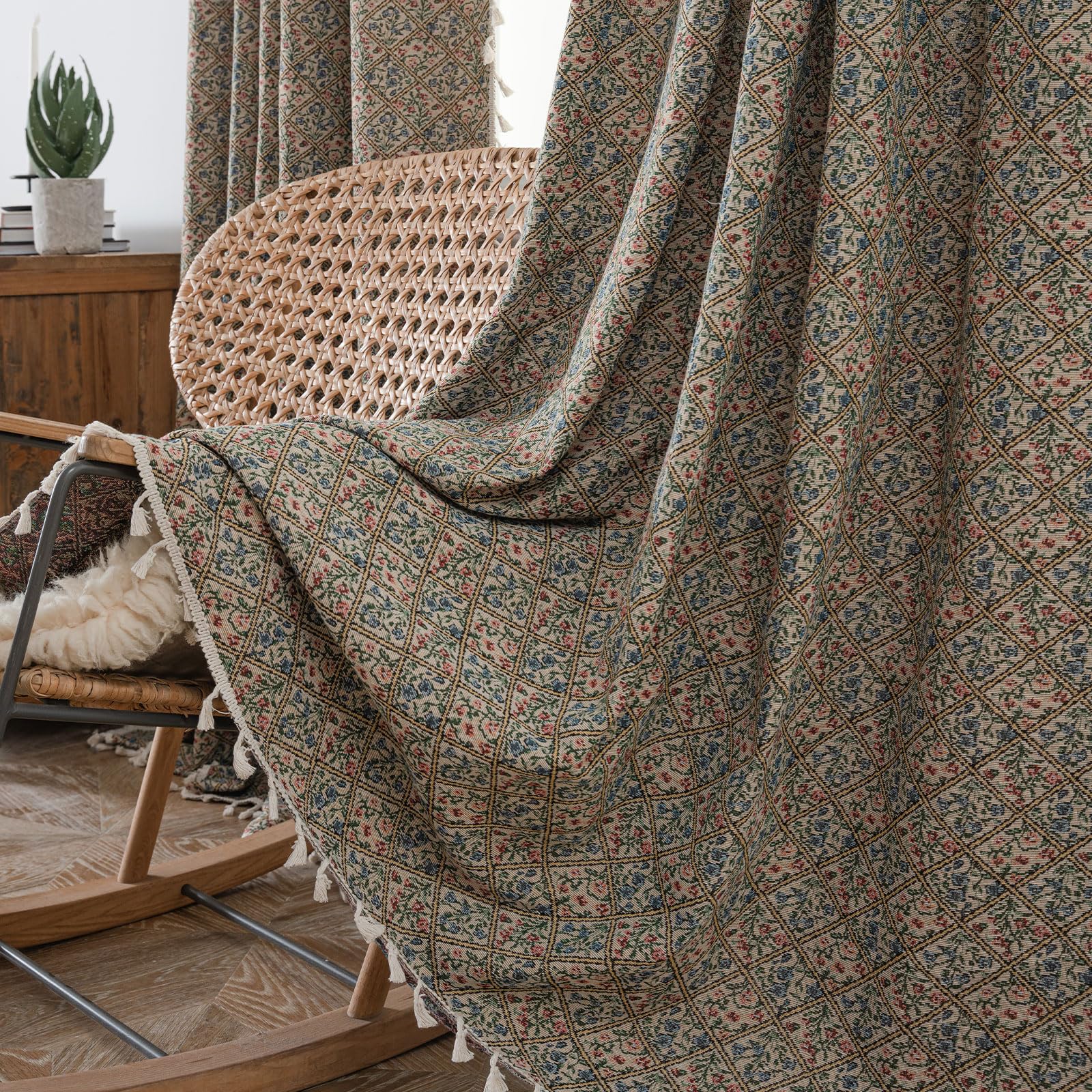 ENJOYBRIDAL Floral Living Room Curtains 96 Inch Long Boho Drapes Jacquard Semi Sheer Bedroom Patterned Window Curtains Farmhouse Country Rod Pocket