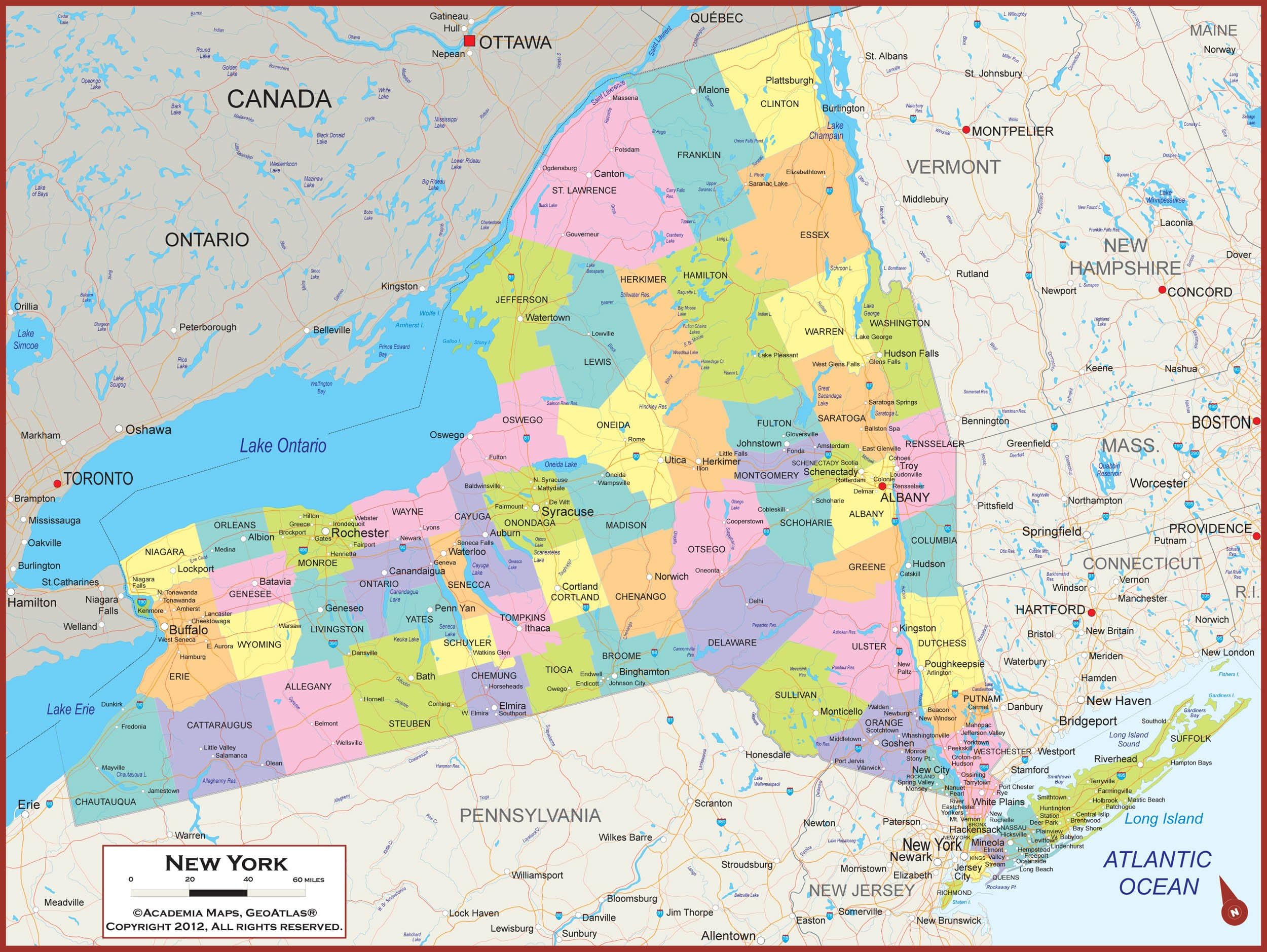 Academia Maps - New York State Wall Map - Fully Laminated - Classroom Style 36" x 27"