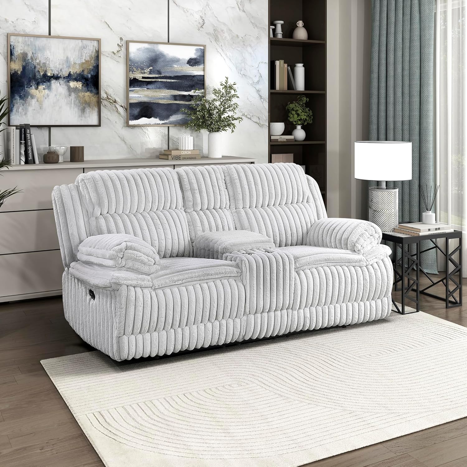 Lexicon Manual Double Reclining Loveseat with Center Console, Corduroy Manual Wall Hugger Recliner Couch, Pillow Top Arms, Cup Holders, Hidden Storage, Cozy Loveseat for Living Room, Gray