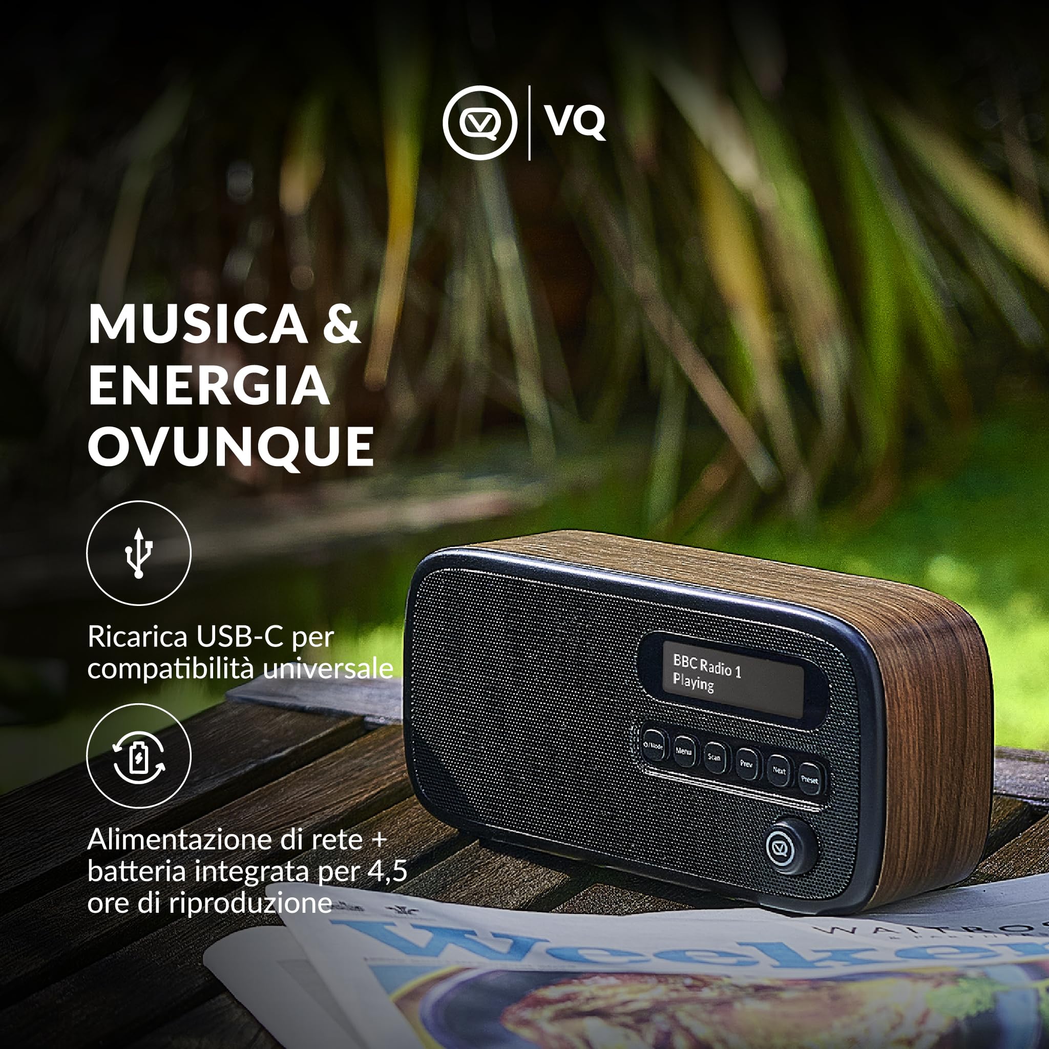 VQ Dexter Radio DAB Plus/DAB con FM, Altoparlanti Stereo da 3W e Schermo LCD - Alimentata da Rete e Batteria, Radiolina Portatile con 60 Preselezioni, Antenna e Presa Cuffie - Noce