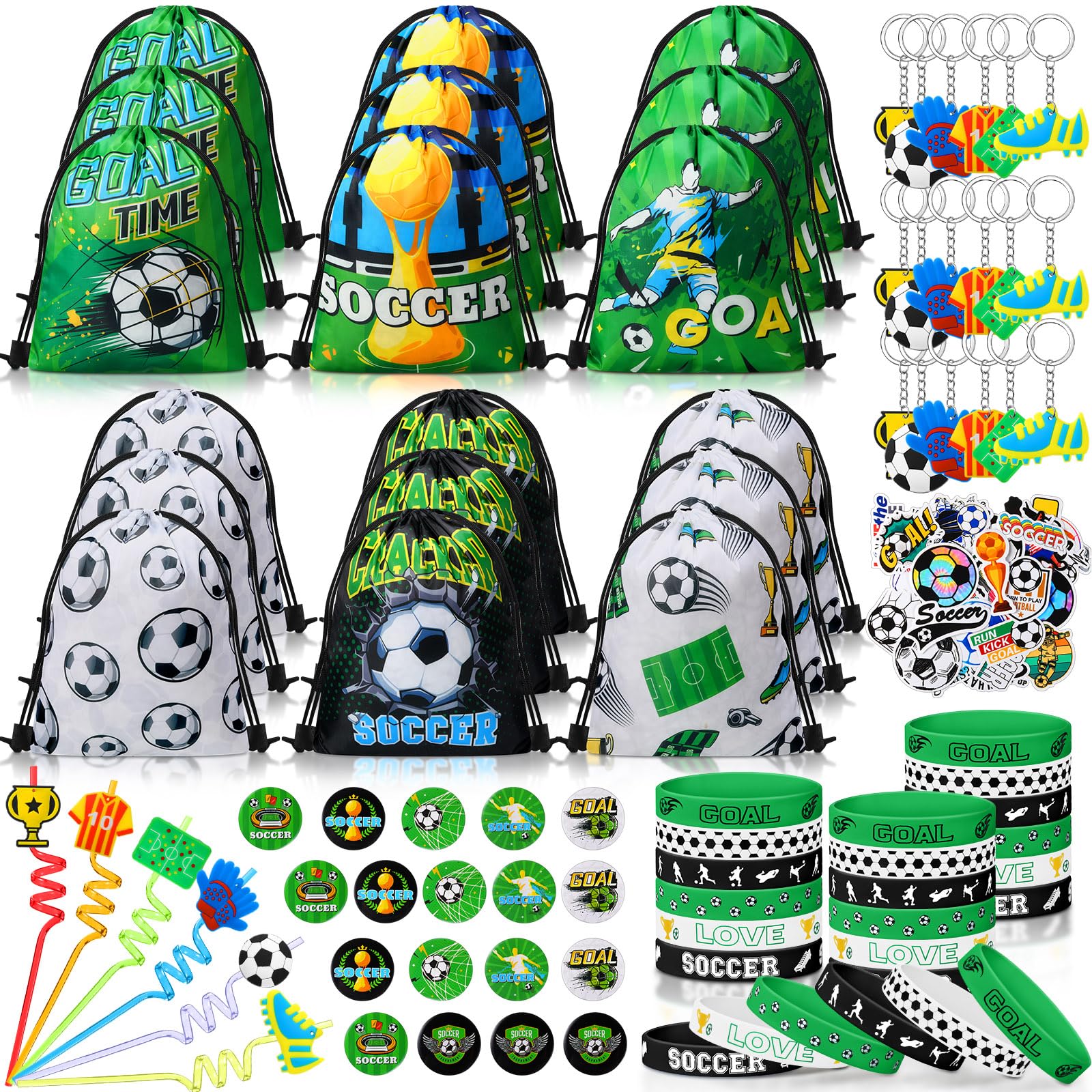 Sadnyy 140 Pcs Soccer Party Favors Birthday Party Decorations Supplies Drawstring Bags with Silicone Bracelets Keychains Straws Button Pins Stickers for Classroom Rewards Goodie Bags Stuffers