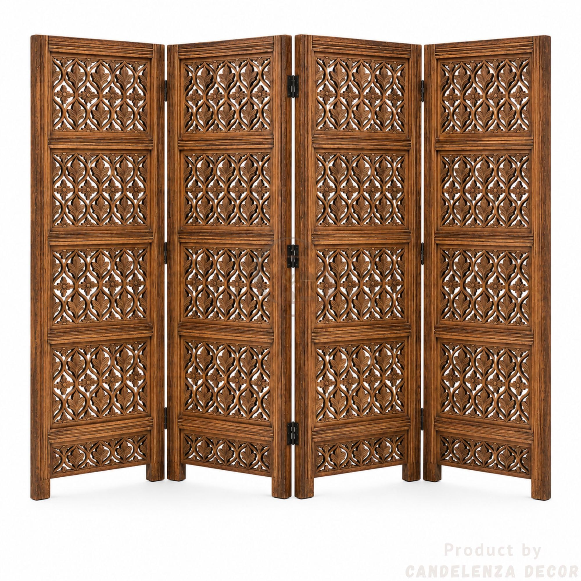 Handcrafted 4 Panel Wooden Room Divider, 72 Inch Tall Folding Privacy Screen, Solid Wood Carved Partition Divider for Living Room, Bedroom, Office, Home Decor, Walnut Brown Finish-image-27