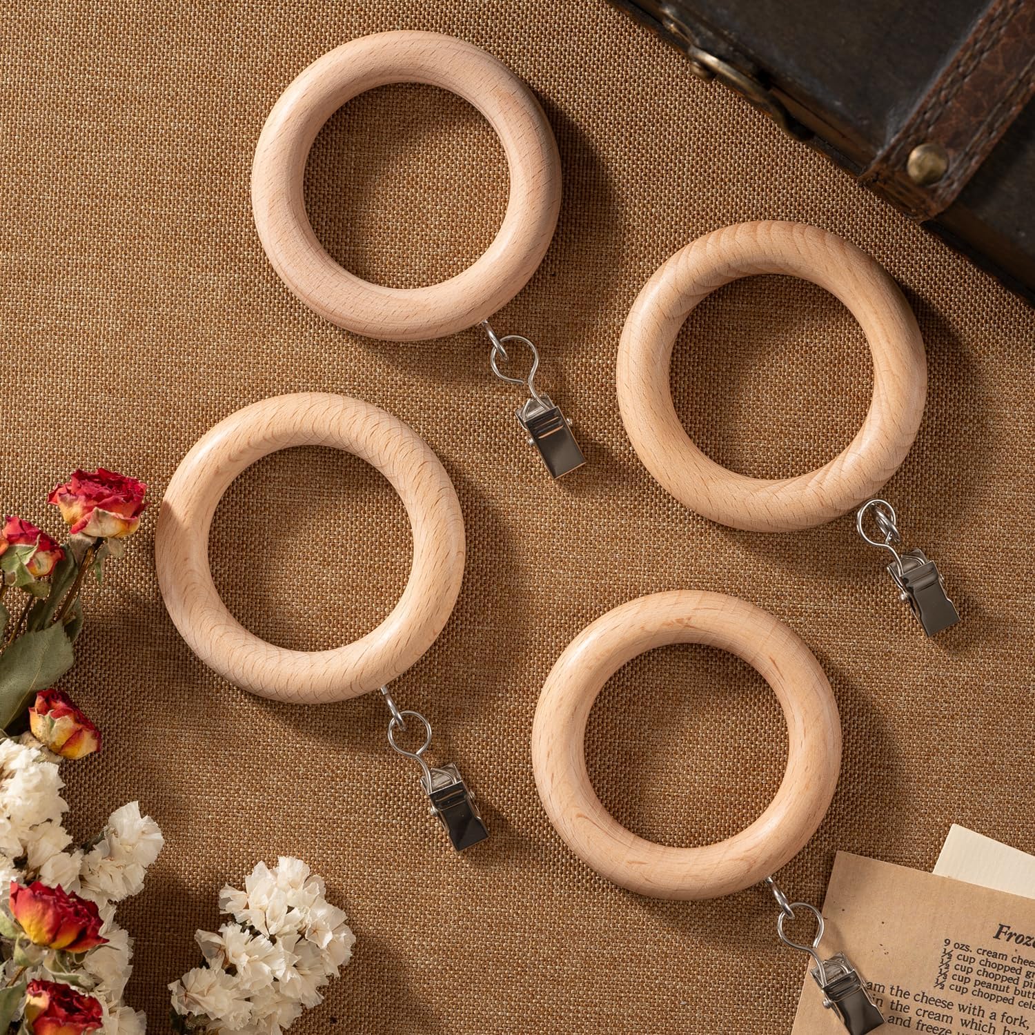 24 Pack Wooden Curtain Rod Rings,Fit 1.1-1.6 Inch Rods,1.77 Inch Inner Diameter 2.76 Inch Outer Diameter, Natural Beech Wood Drapery Rings for Window Curtain