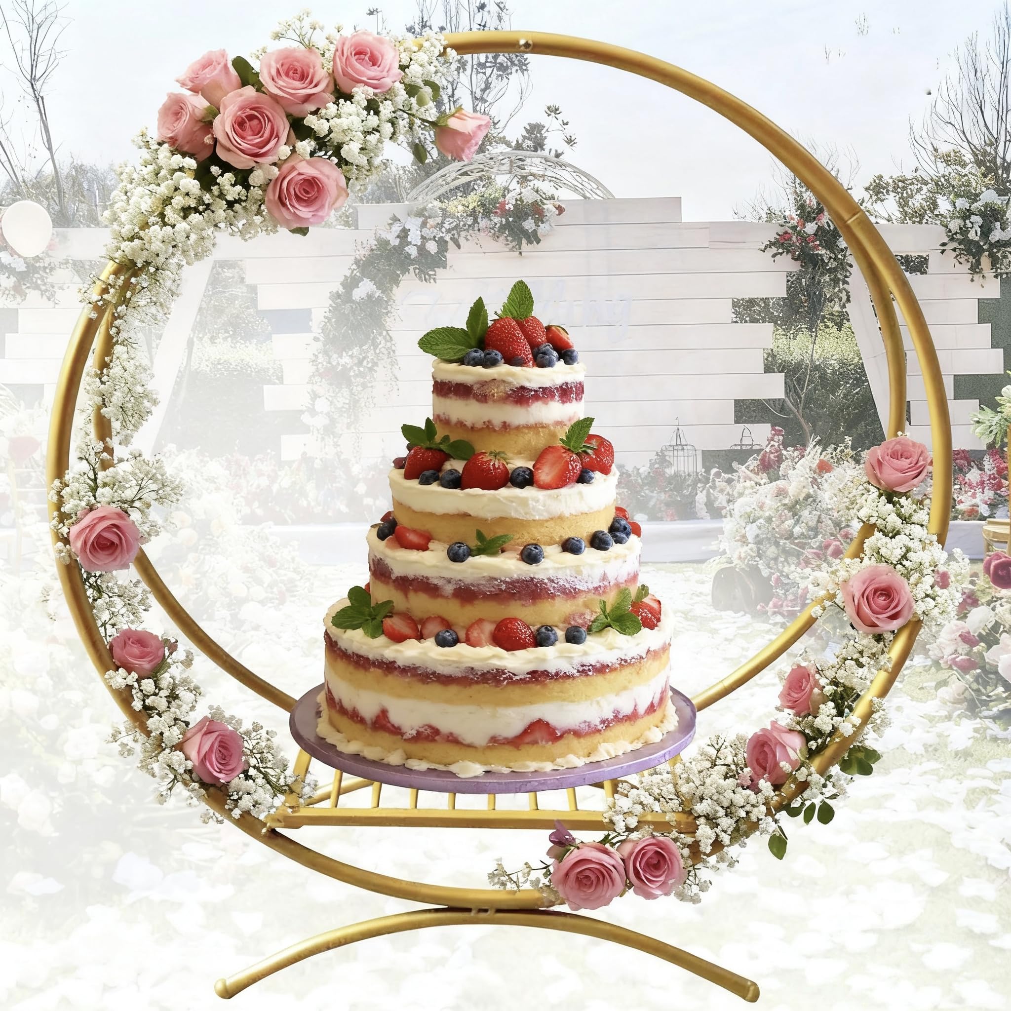 35in Gold Cake Stand Wedding Table Centerpiece Decoration, Floral Arch Frame Dessert Presentoir Cake Display Pastry Holder for Wedding Birthday Party Display Aisle Prop Or Photo Booth